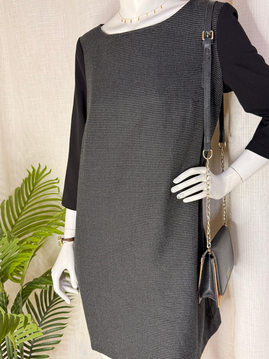 MANGO Basics Houndstooth Check Shift Dress - Black/Grey (Size L/XL)