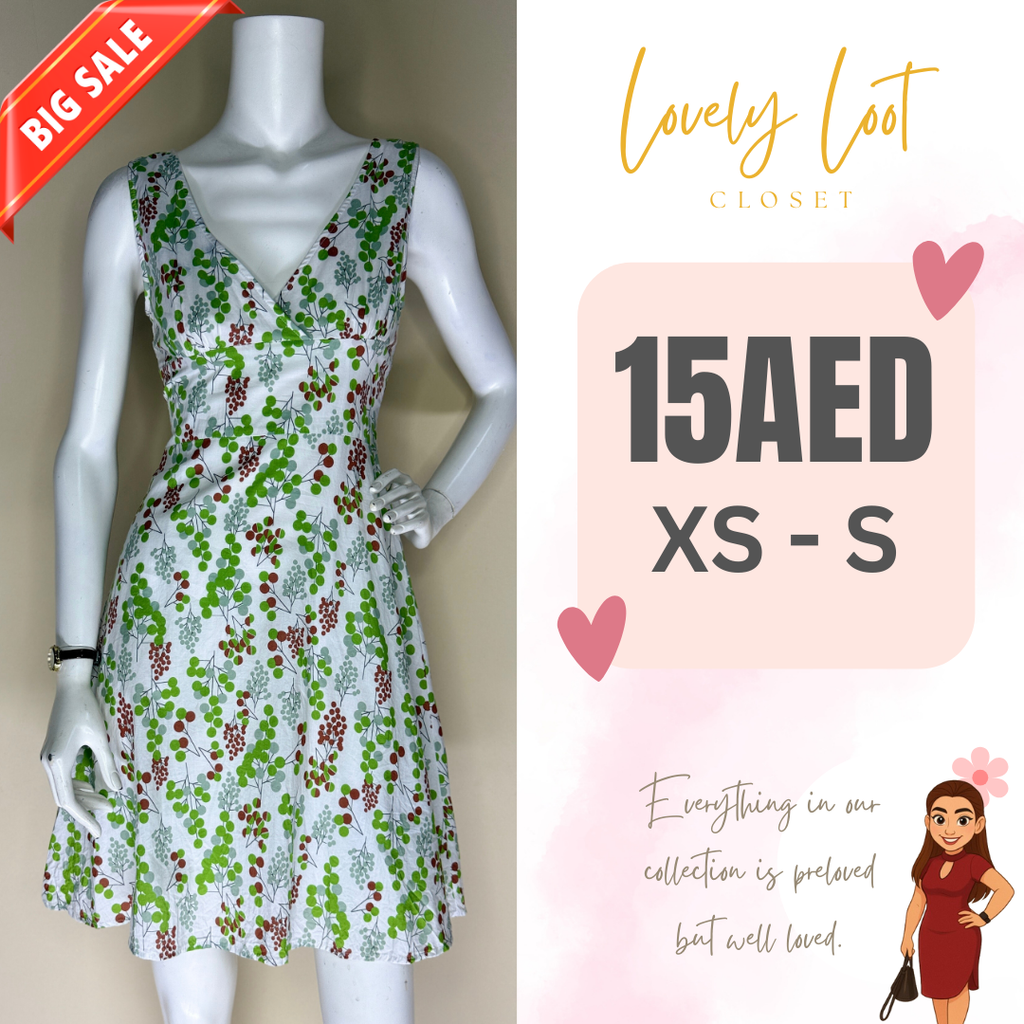 White and Green Leaf Print Mini Dress (XS)