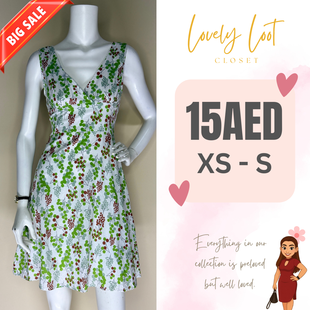 White and Green Leaf Print Mini Dress (XS)