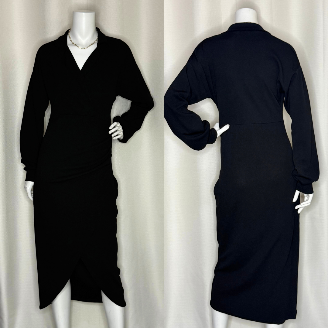 Stylish Black Wrap Midi Dress (UK 12 / Large)