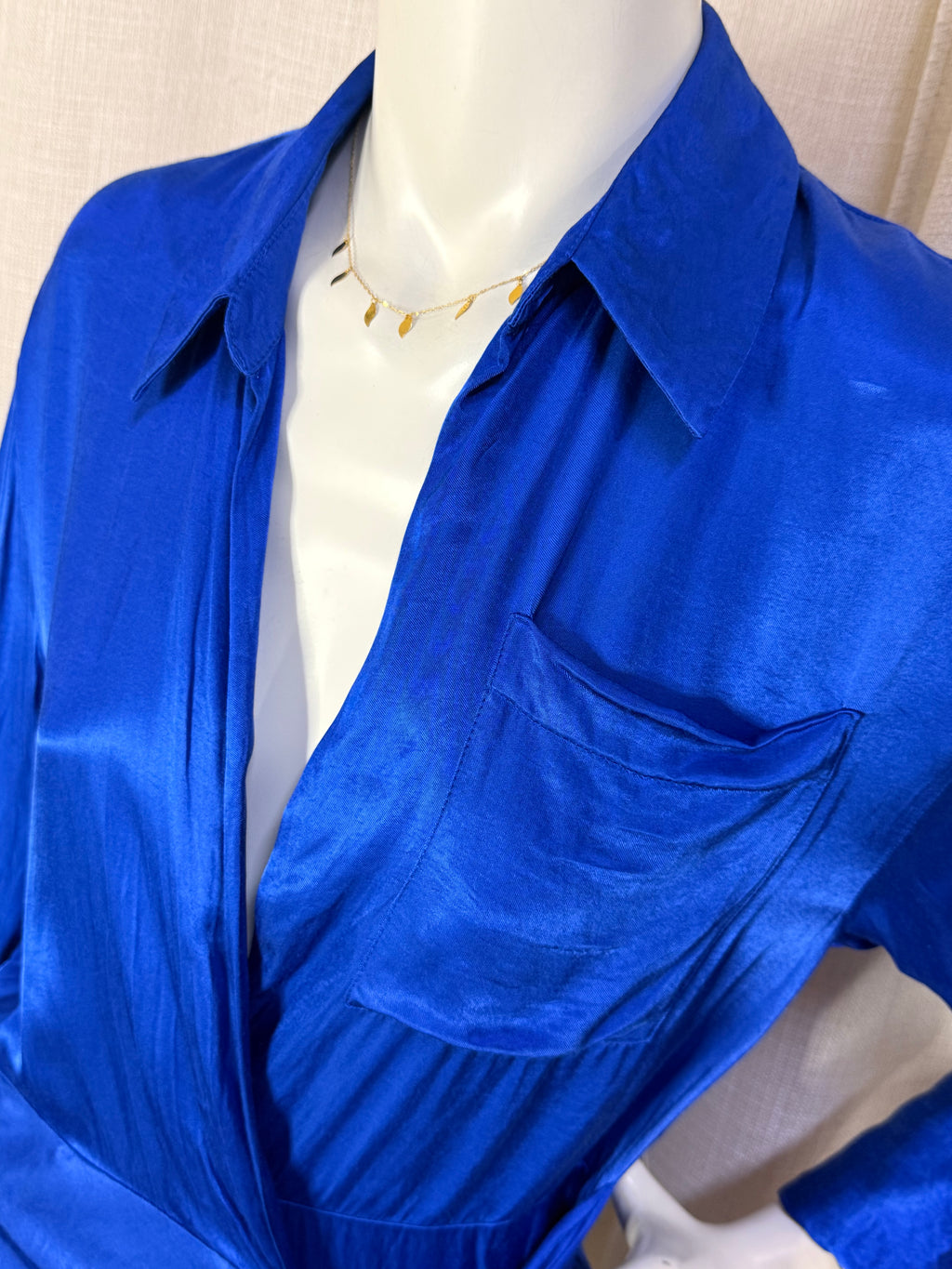 Zara Cobalt Blue Satin Shirt Wrap Mini Dress - Size M
