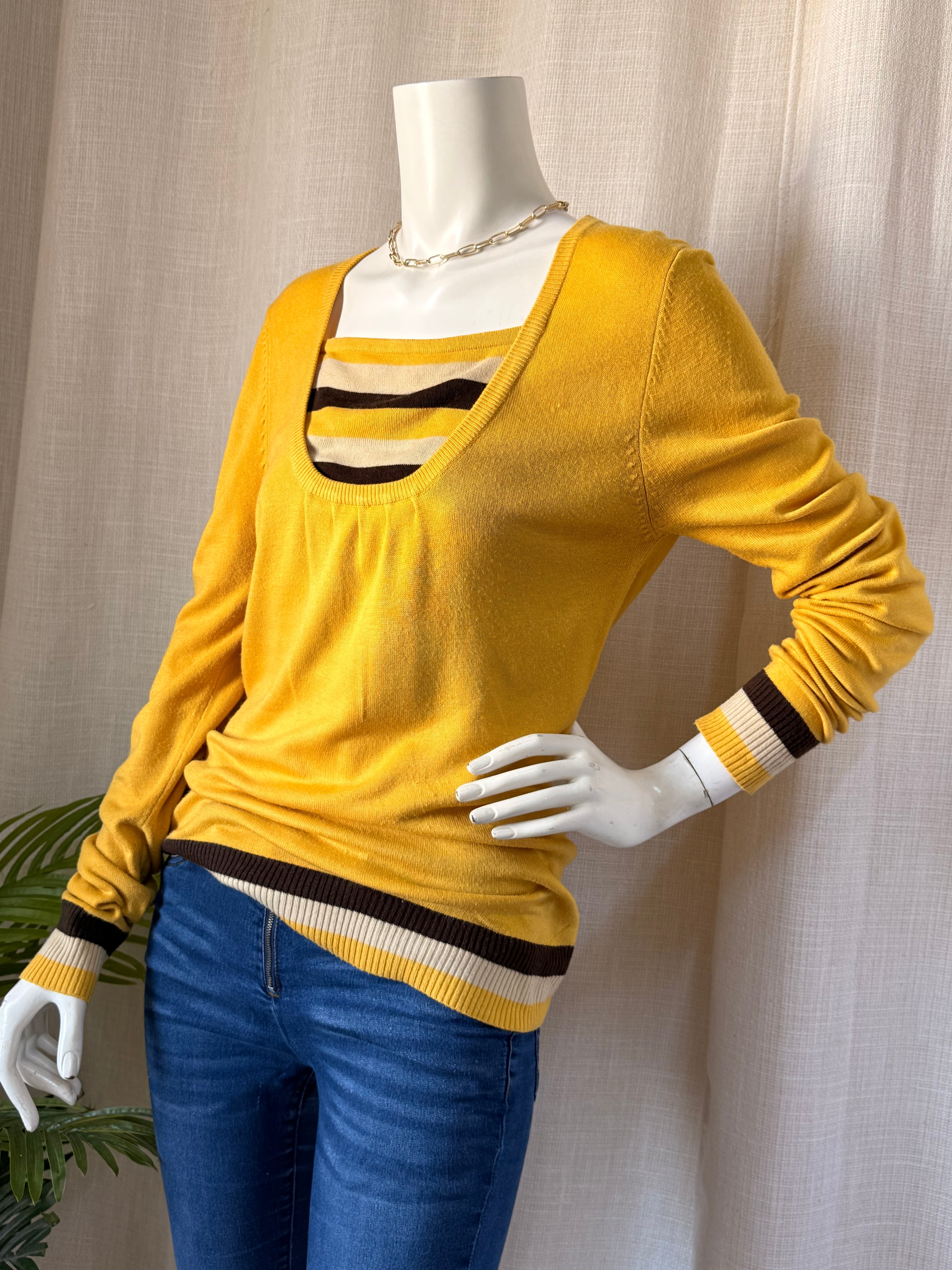 Mustard Yellow Layered-Look Striped Knit Sweater | Medium
