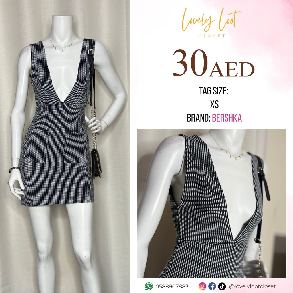 BERSHKA Black and White Deep V Dress (XS)