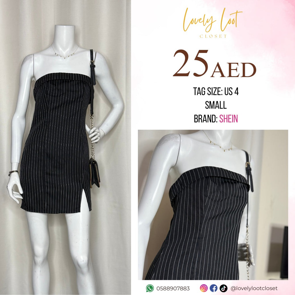 SHEIN Black Pinstripe Strapless Dress (Small)
