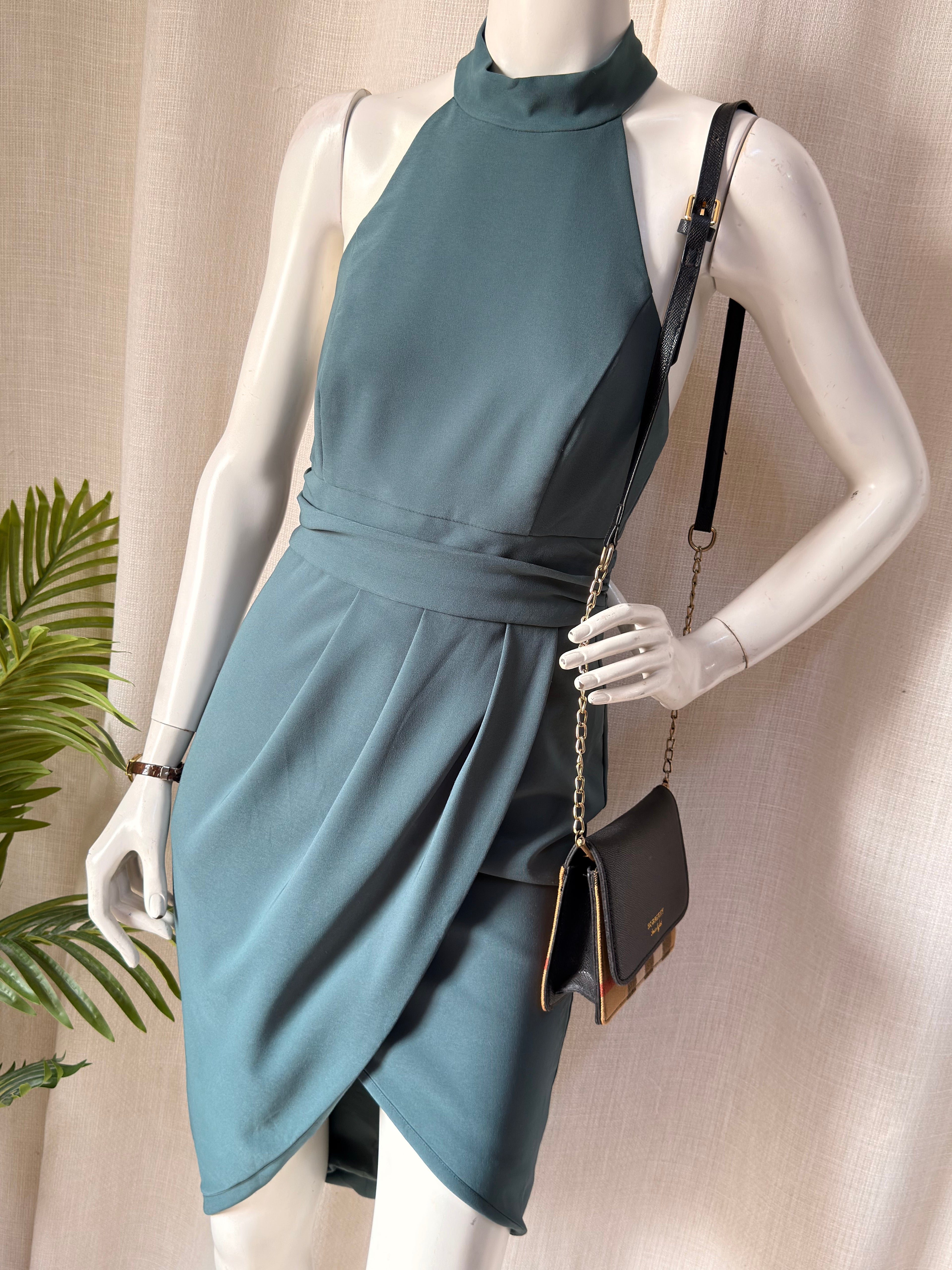Lavish Alice Slate Green Halter High-Neck Wrap Midi Dress – Size UK 8 / US 4 | Elegant Cocktail & Evening Party Dress