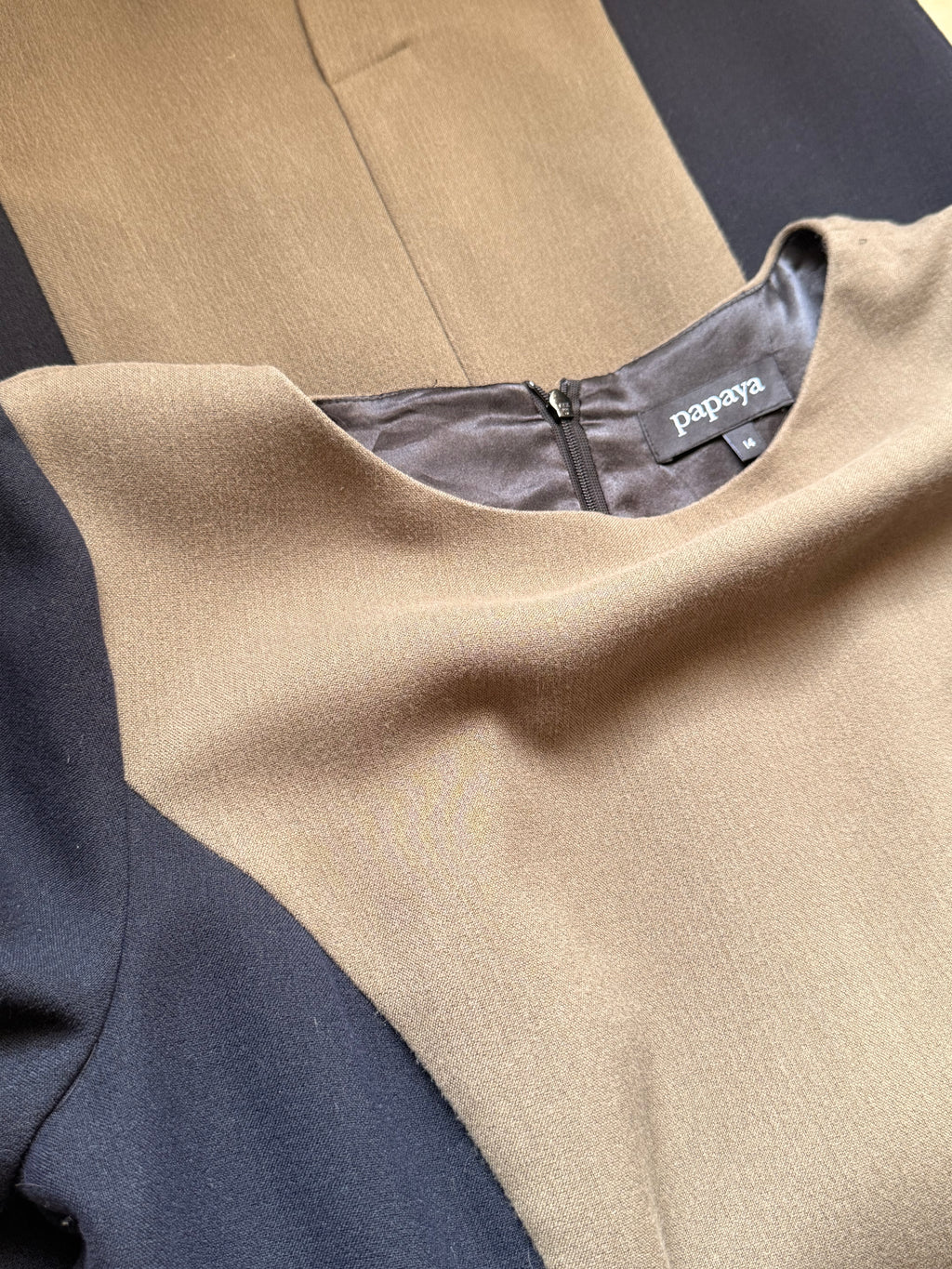 PAPAYA Color-Block Shift Dress - Khaki Green & Black (Size UK 14 / Large)