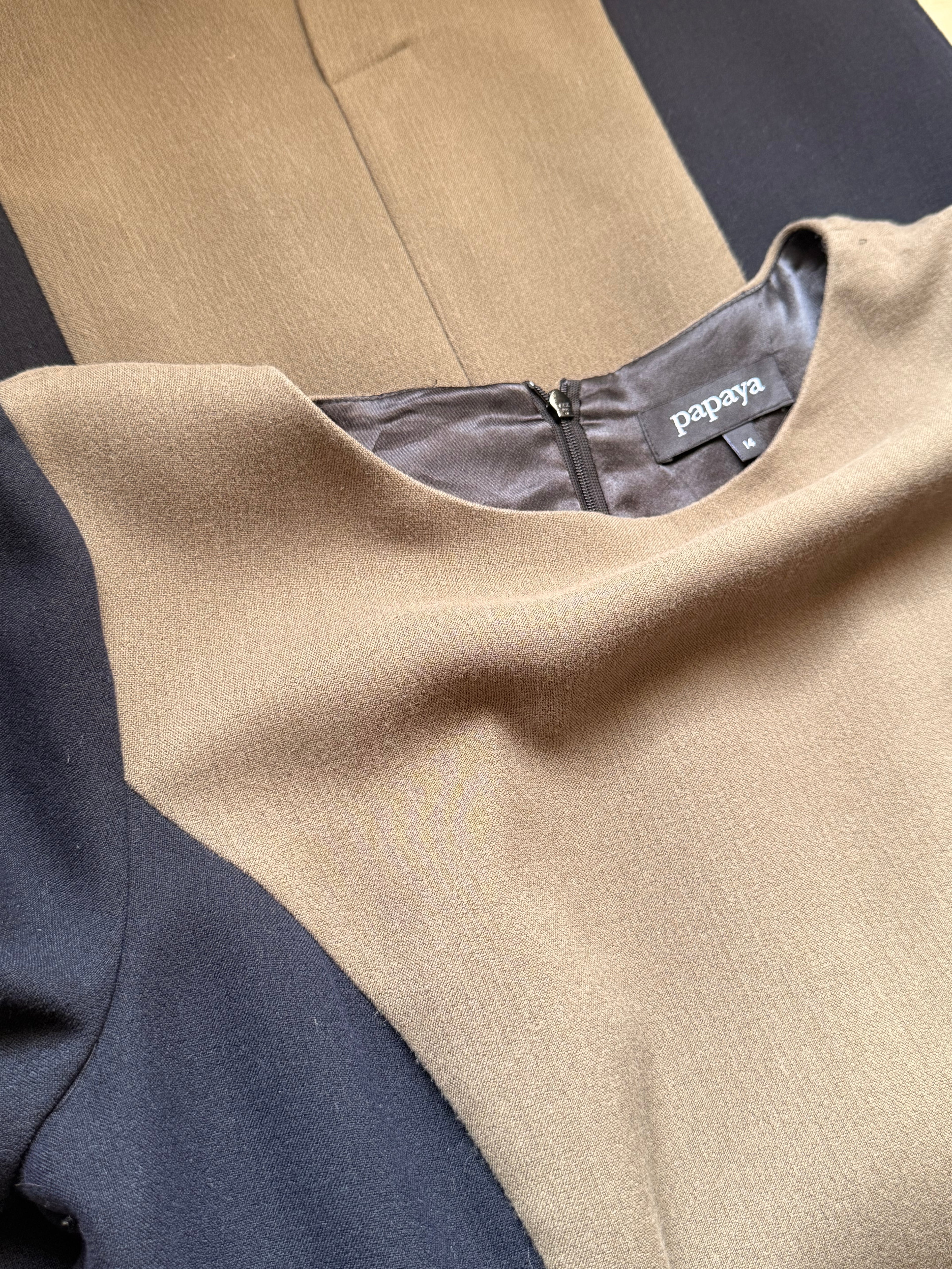 PAPAYA Color-Block Shift Dress - Khaki Green & Black (Size UK 14 / Large)