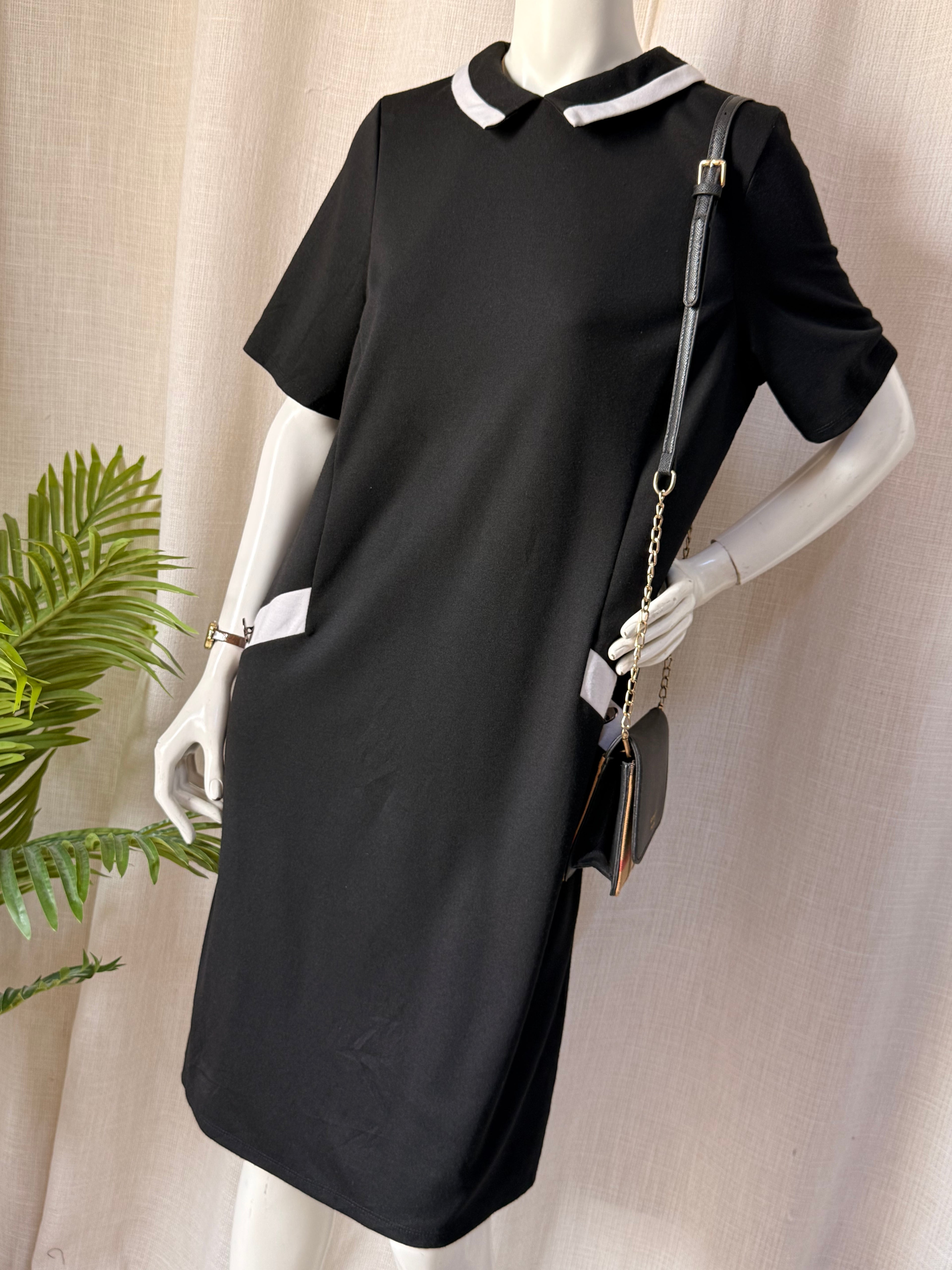 Wallis Black Contrast Collar Shift Dress – UK 16 | Elegant Workwear Midi Dress | Plus Size