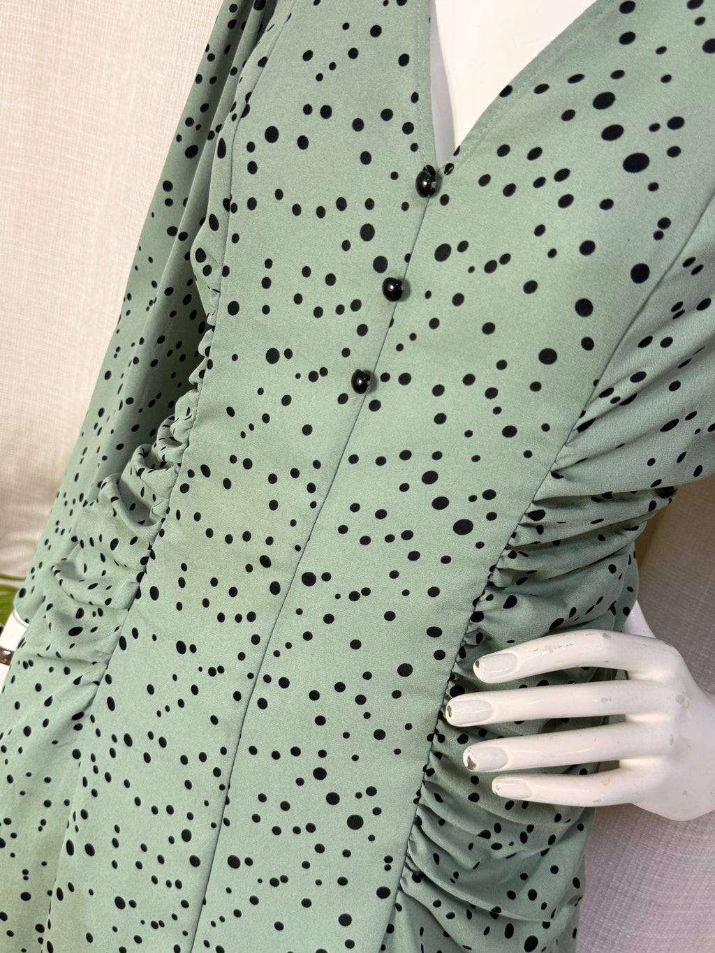 Zara Sage Green Polka Dot Ruched Button-Front Mini Dress - Size M