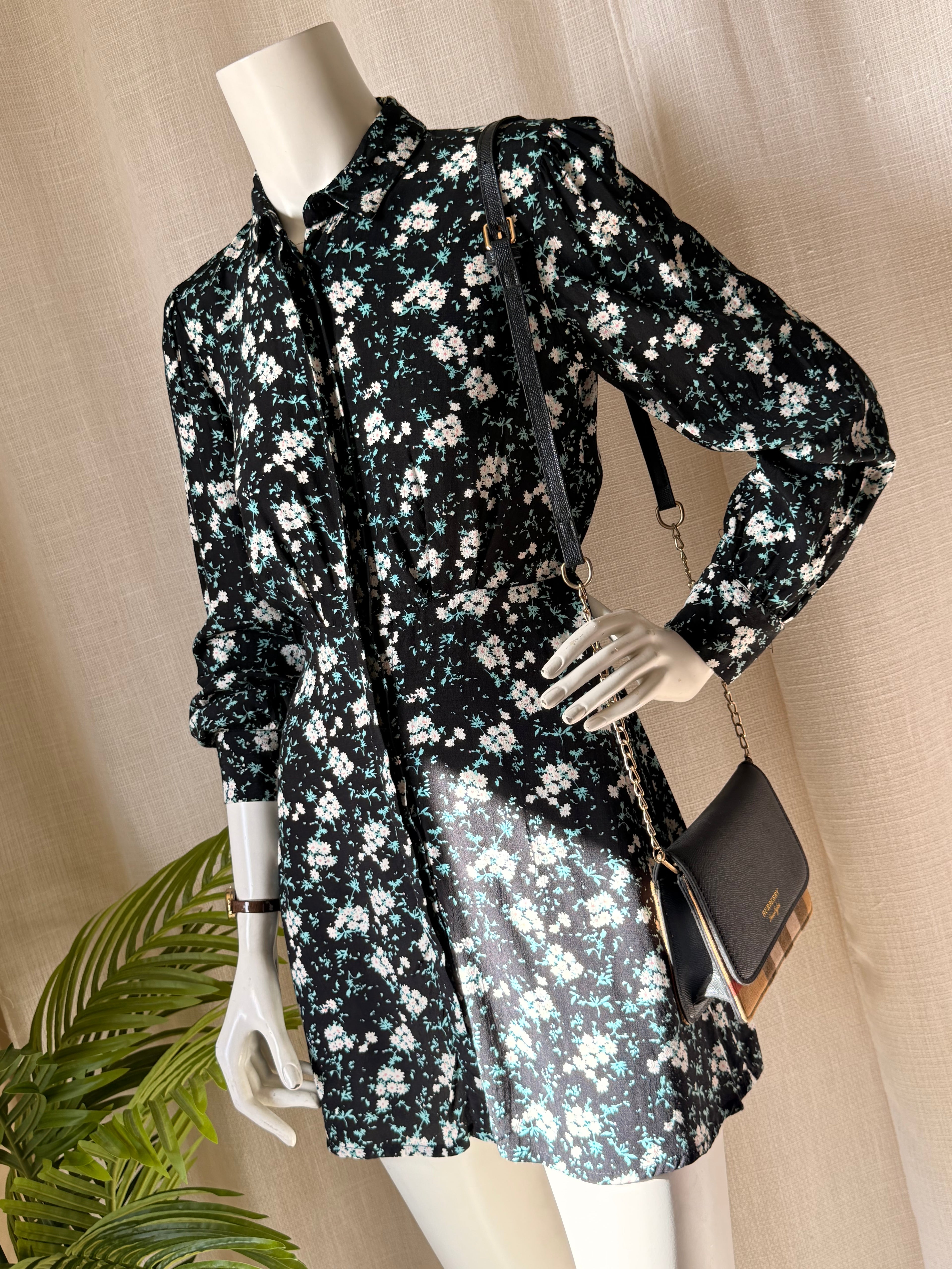 Pimkie Floral Shirt Dress - Black & Teal A-Line Button-Down - Size Medium