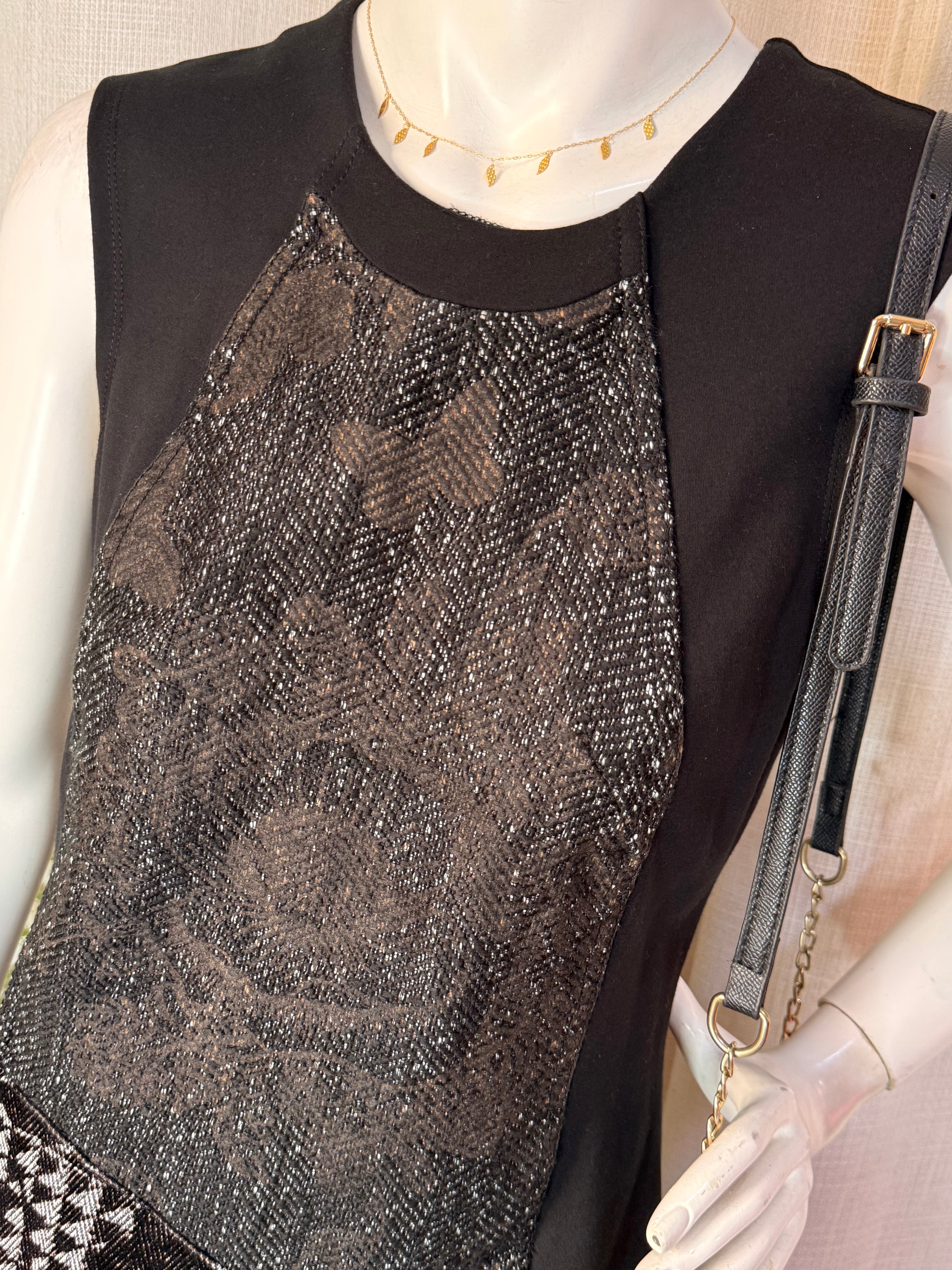 Desigual Black Metallic Mixed Print Sleeveless Dress – Size Medium | Statement Party Dress