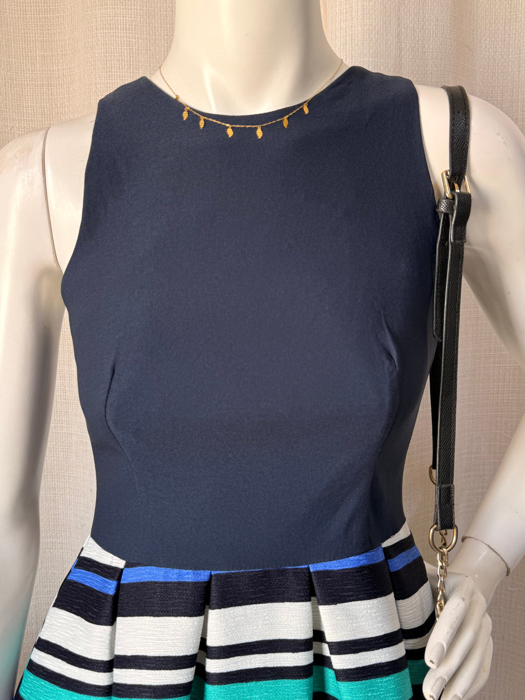Navy Sleeveless Skater Dress with Vibrant Striped Pleated Skirt - Small