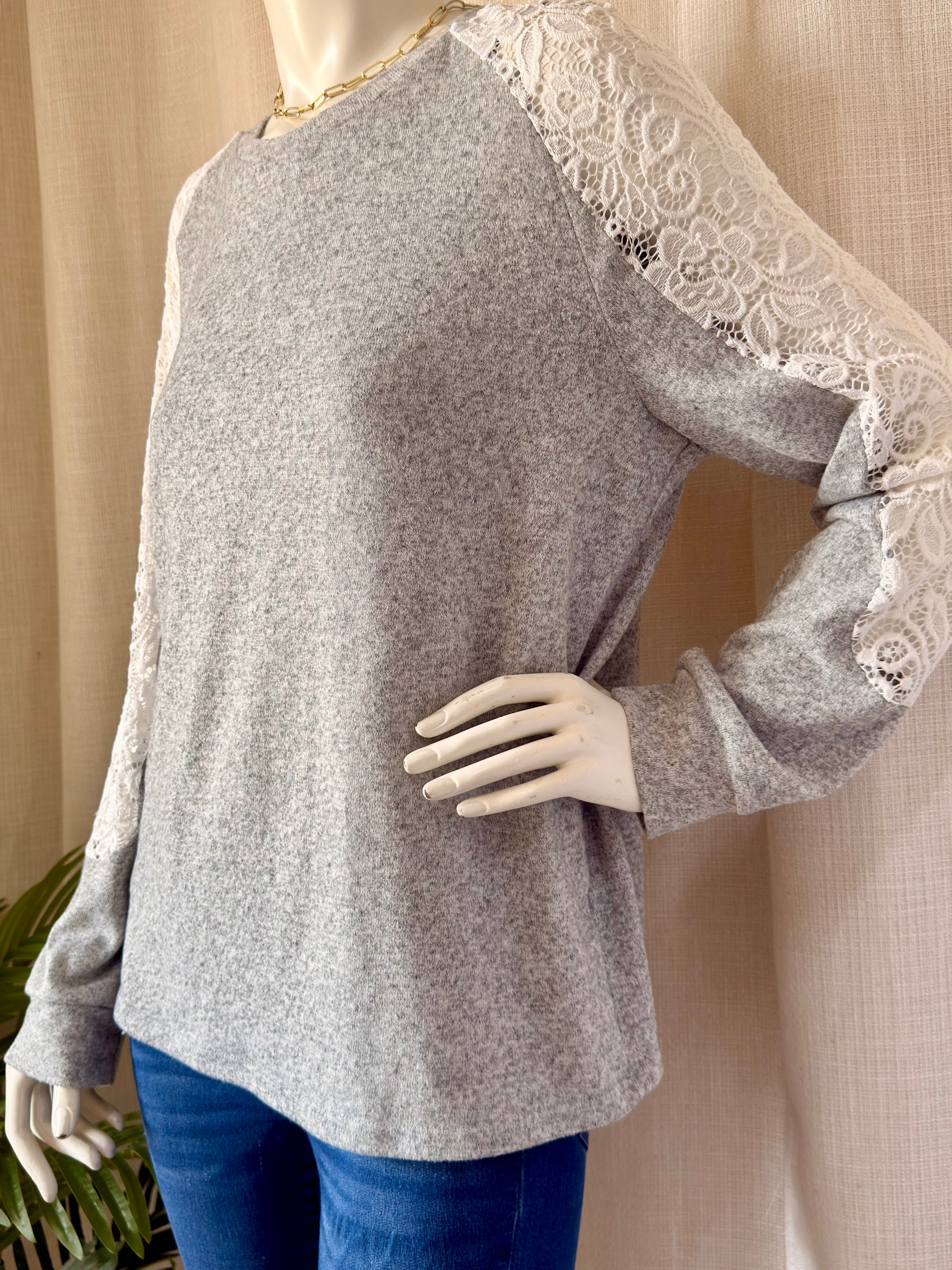 SHEIN سويت شيرت رمادي بأكمام دانتيل | XL