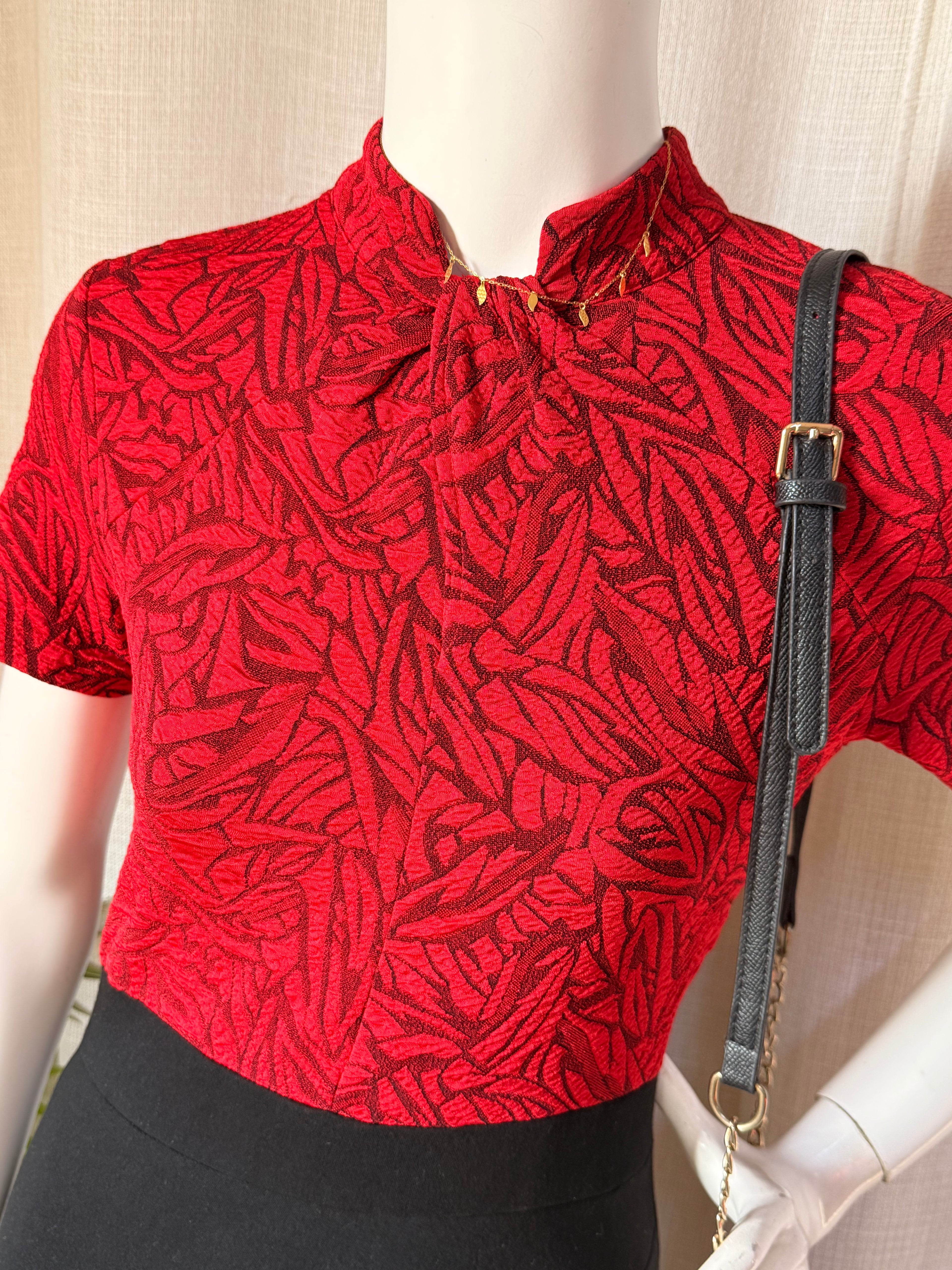 Homeyee Red & Black Jacquard Pencil Midi Dress – Size M | Elegant Work & Occasion Dress