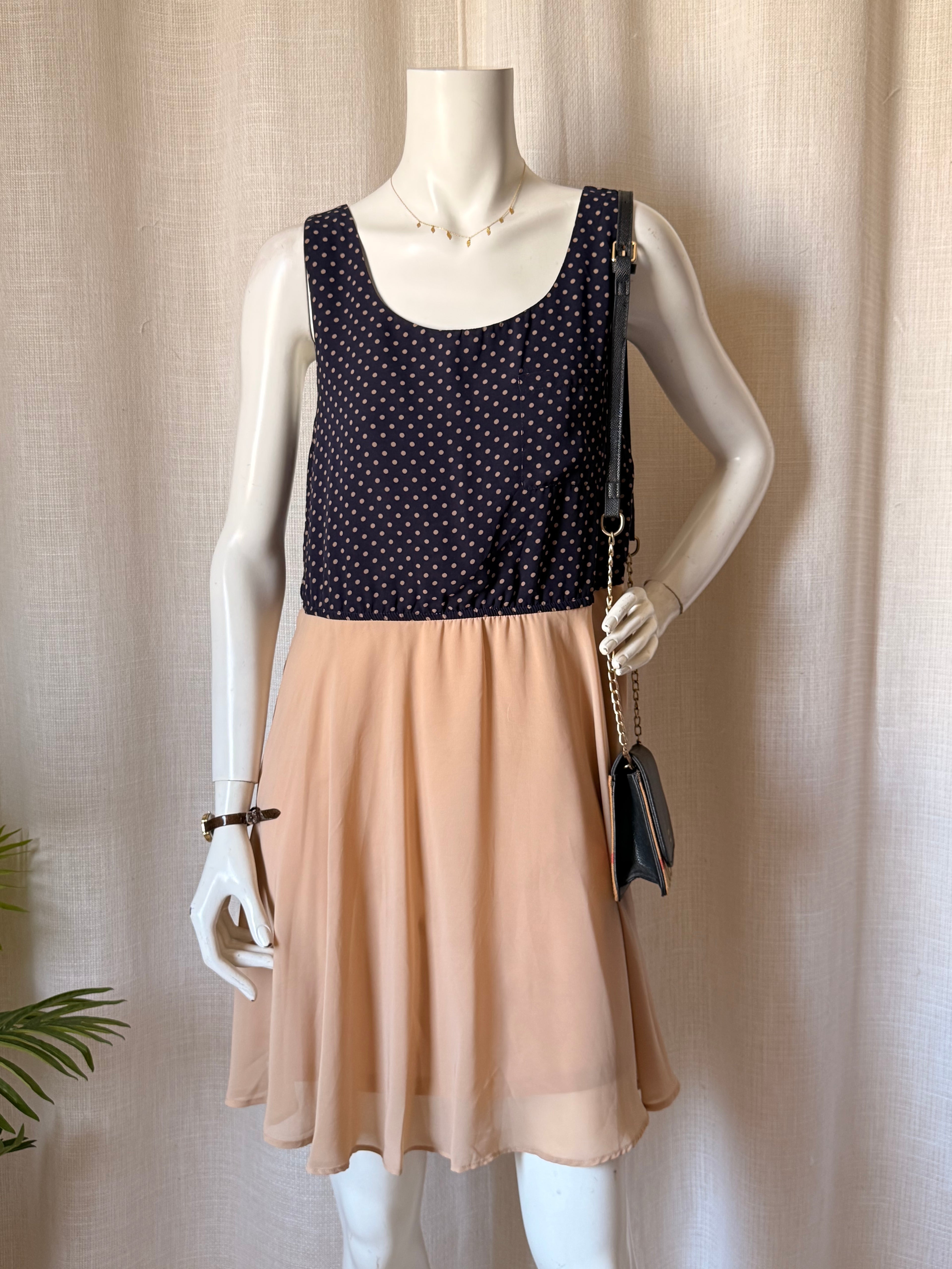 Influence Navy Polka Dot & Peach Skirt Mini Dress - Size UK 12 (Fits UK 10/12)