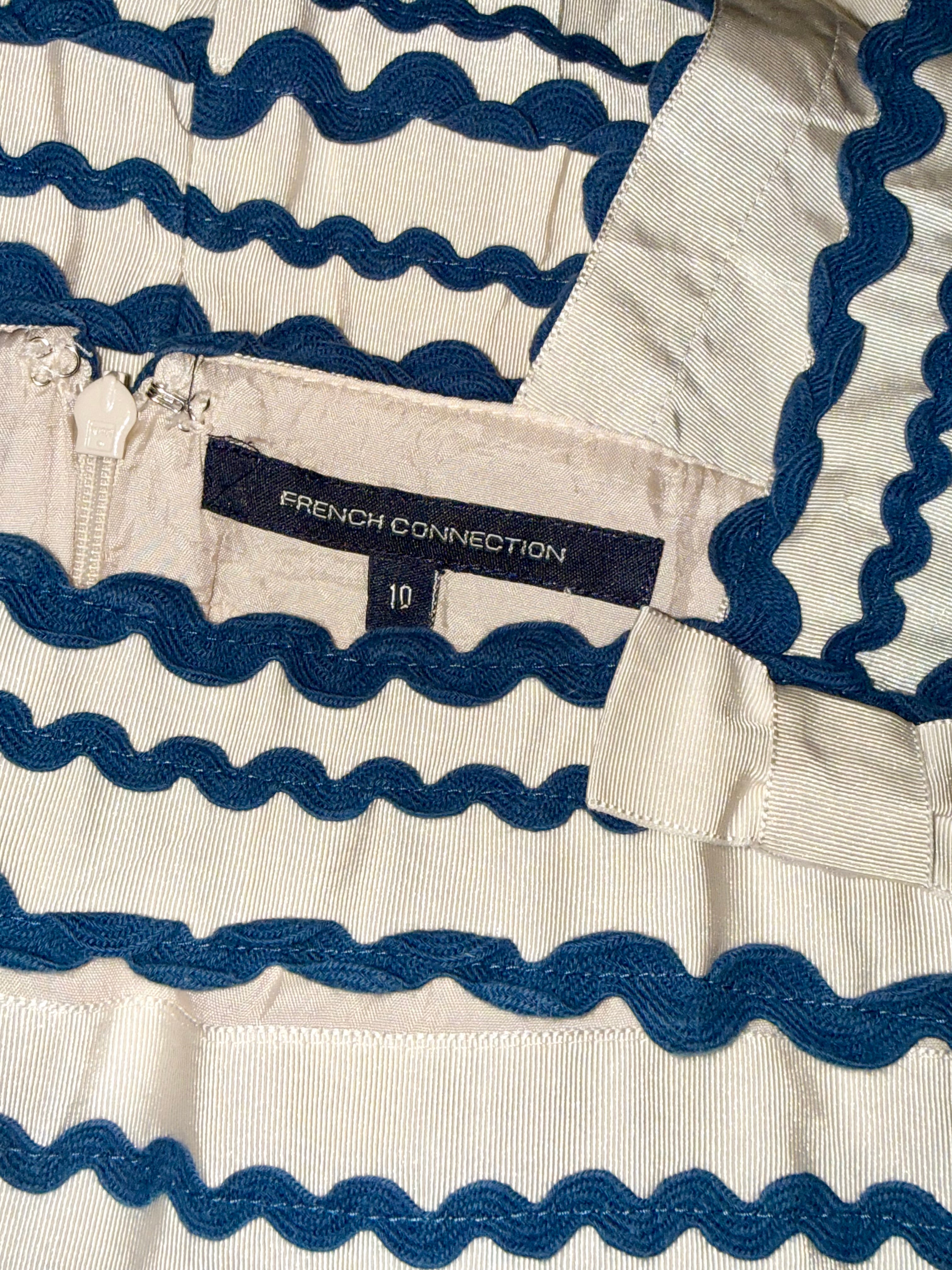 Vintage French Connection Cream & Navy Blue Ric-Rac Textured Mini Dress - Size UK 10 - Medium