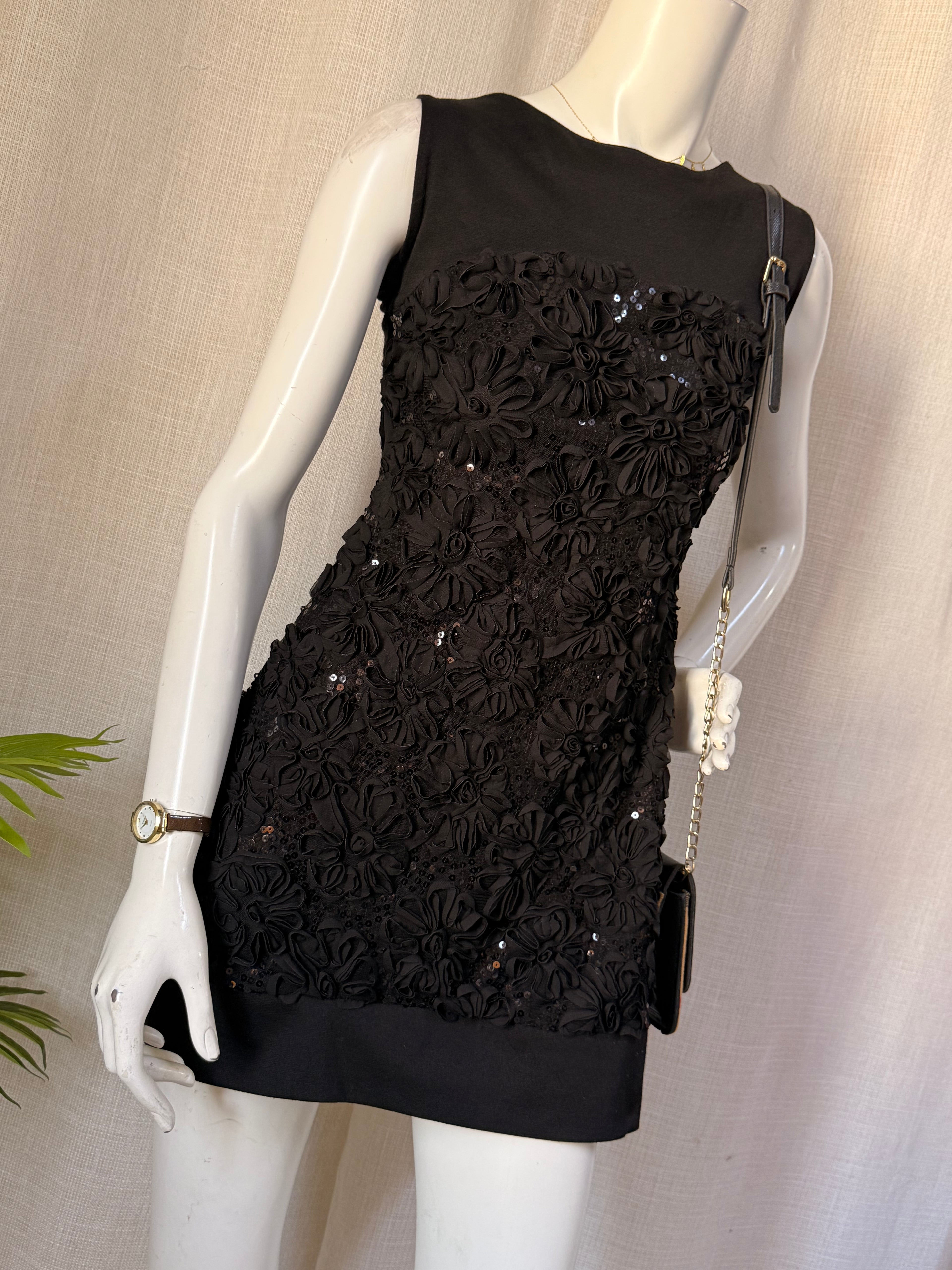 Italian Floral Appliqué Sequin Mini Dress – Size Large / UK 14