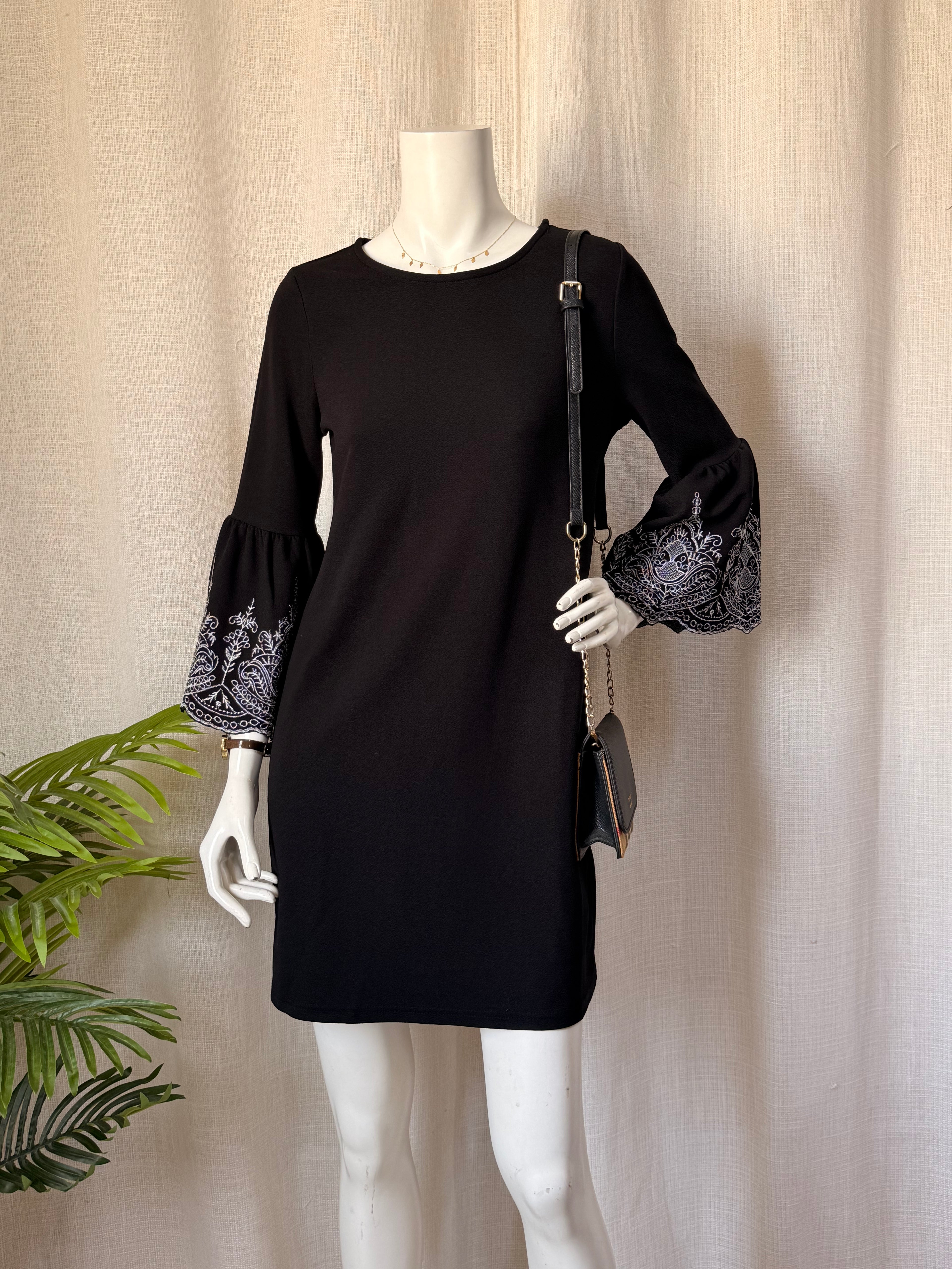 New Look Black Dress with Embroidered Bell Sleeves (Small)