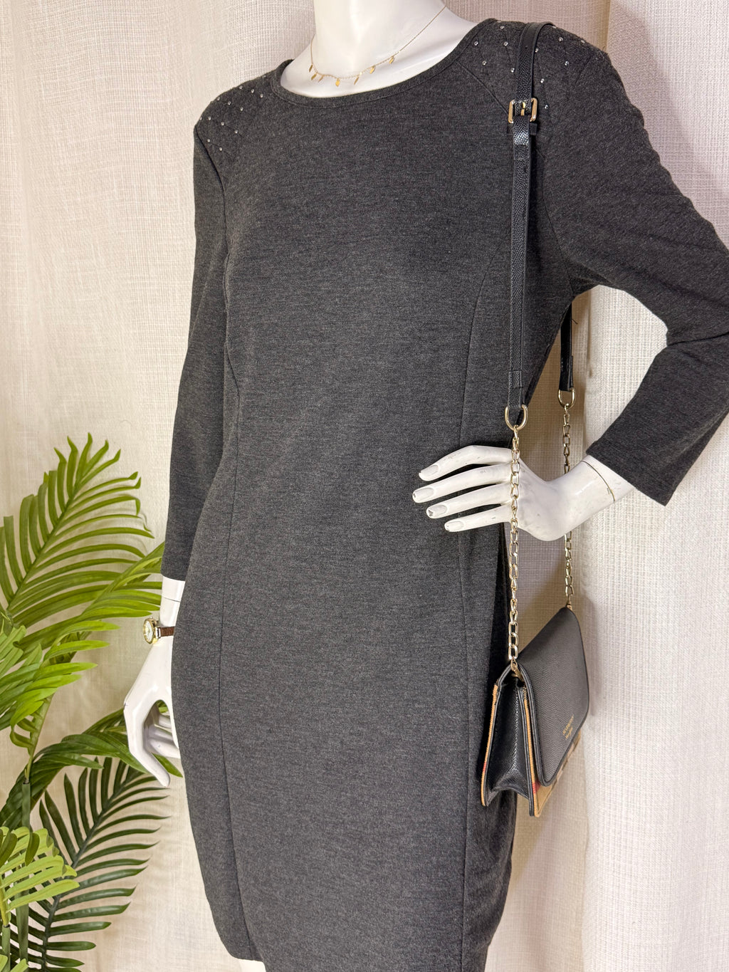 Charcoal Grey 3/4 Sleeve Sheath Dress with Studded Shoulder Details (Good Condition)