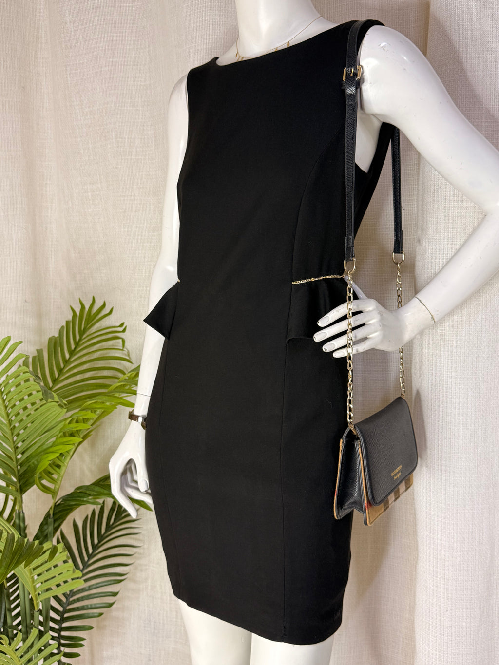 ZARA Trafaluc Peplum Accent Black Bodycon Dress - Gold Chain Detail (Size L / Fits Medium)