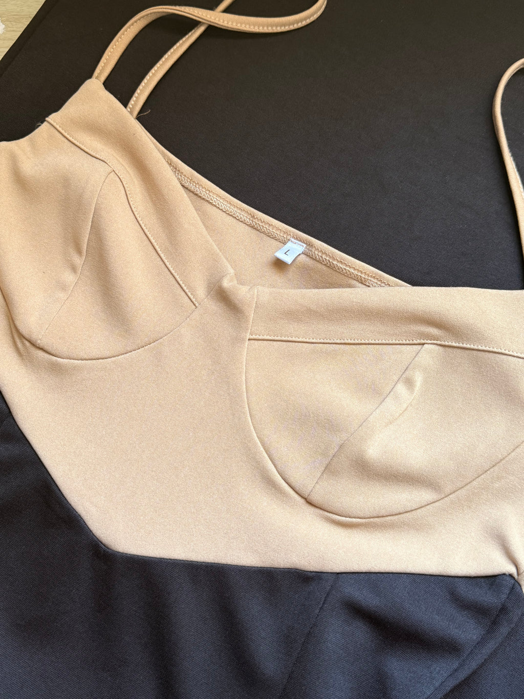 Two-Tone Corset Style Midi Dress in Beige & Black