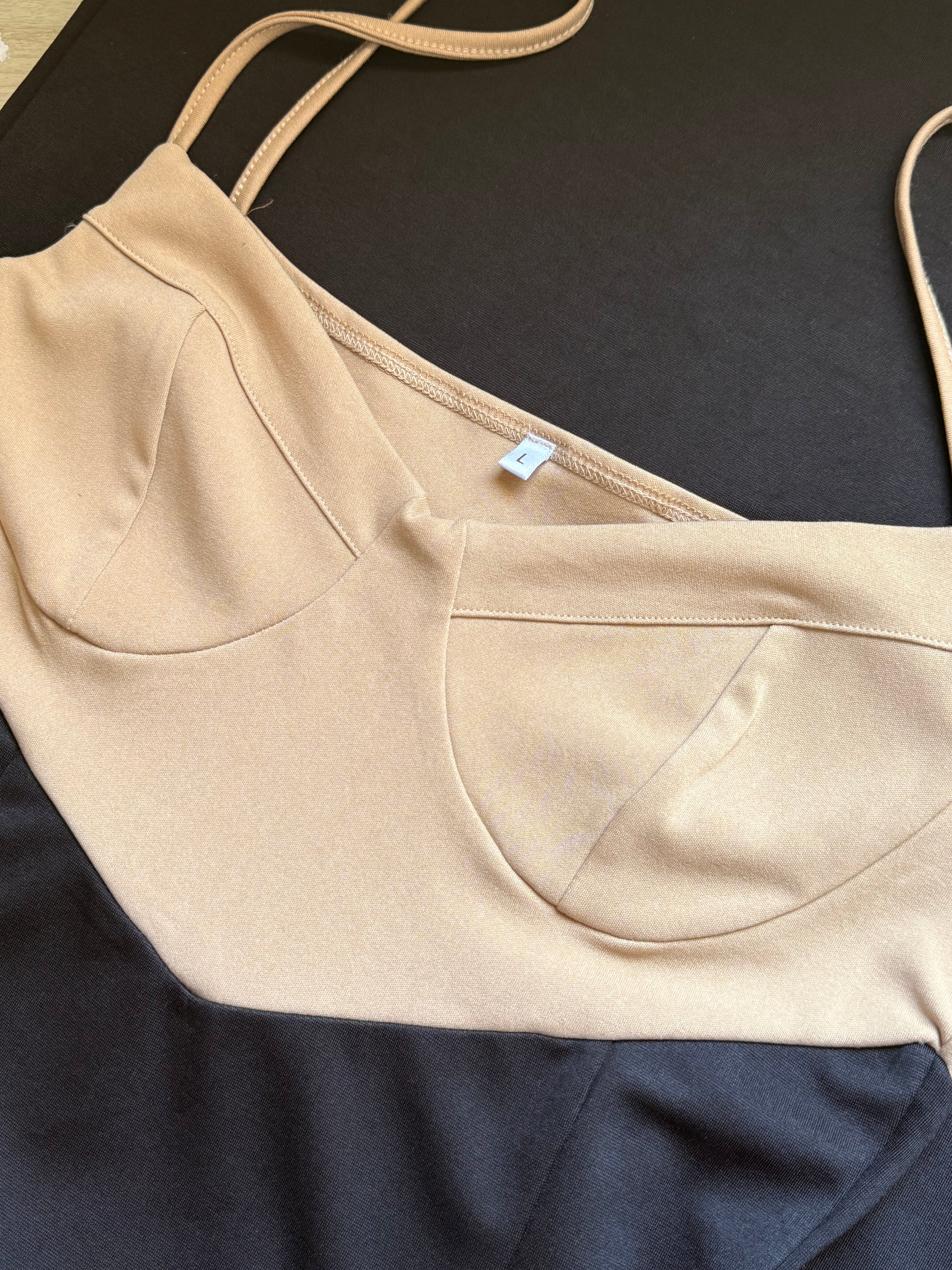 Two-Tone Corset Style Midi Dress in Beige & Black