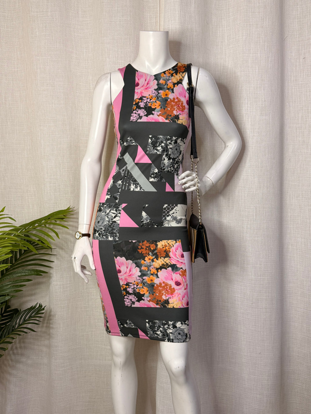 Next Geometric Floral Abstract Panels Bodycon Dress - Size UK 8 / EUR 36 - Small