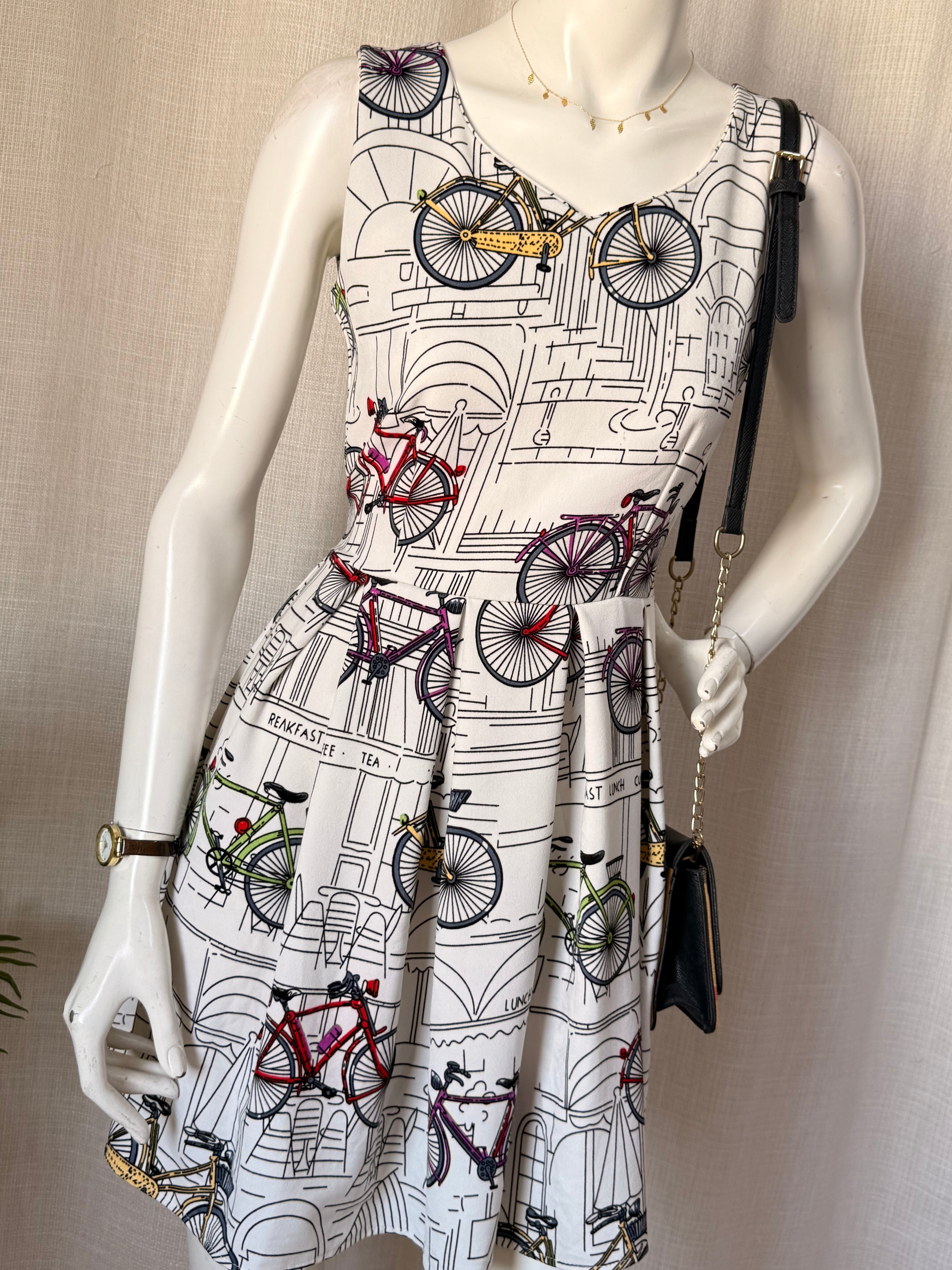 Newly Collection Vintage-Style Bicycle Print Fit & Flare Mini Dress | Small