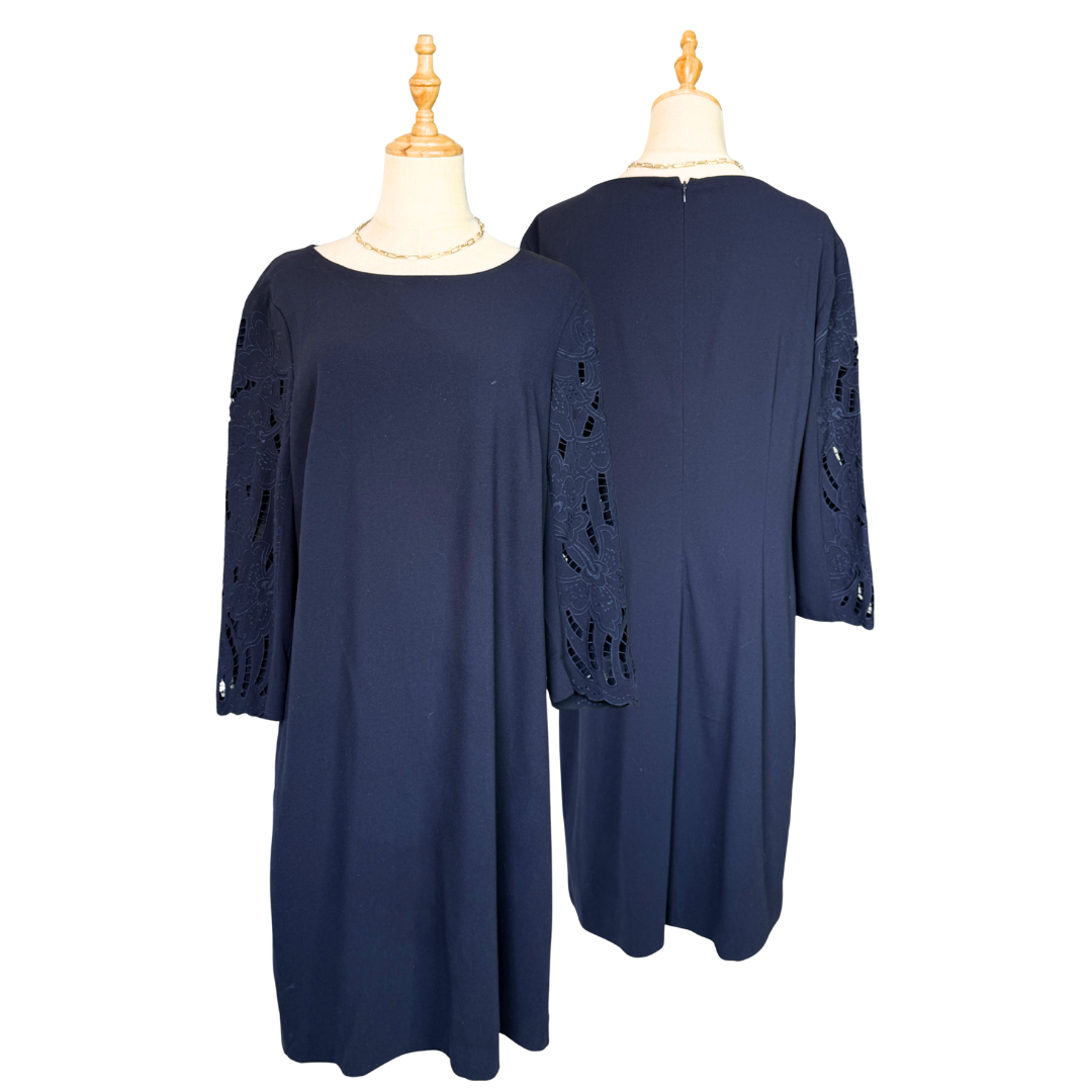 COUNTRY CASUALS Navy Dress with Cutwork Sleeves | (Preloved)