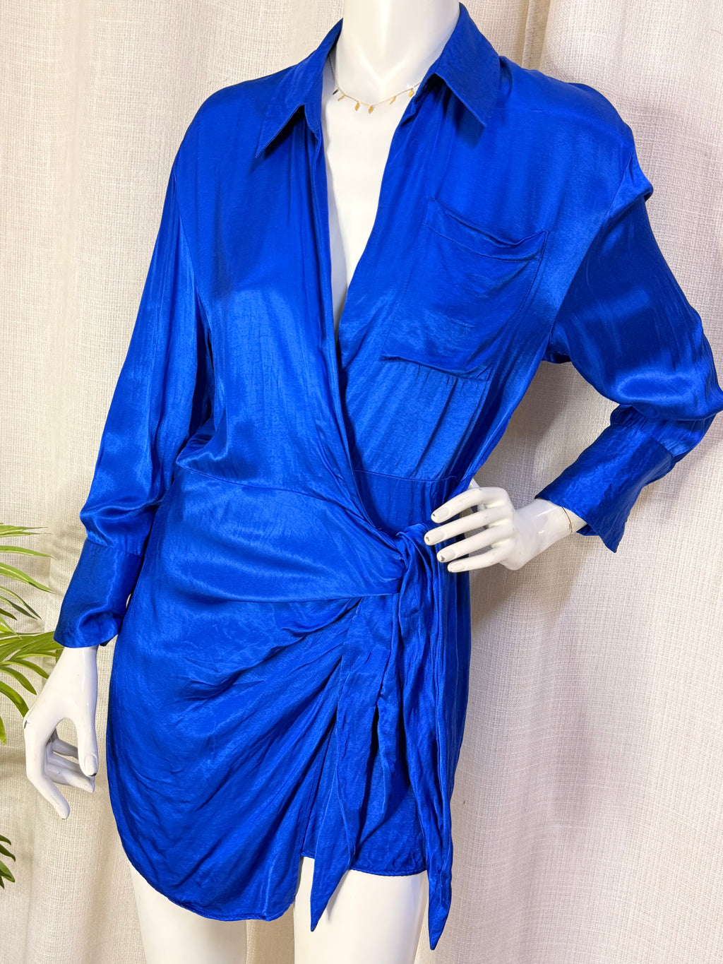 Zara Cobalt Blue Satin Shirt Wrap Mini Dress - Size M