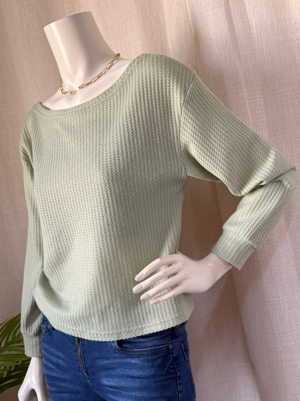 SHEIN Sage Green Waffle Knit Boat Neck Top | Small