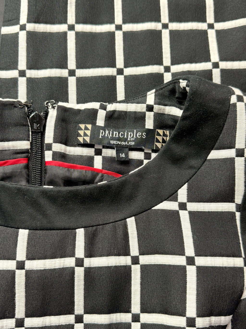 Principles by Ben de Lisi Black & White Grid Check Midi Dress - Size UK 14 Large