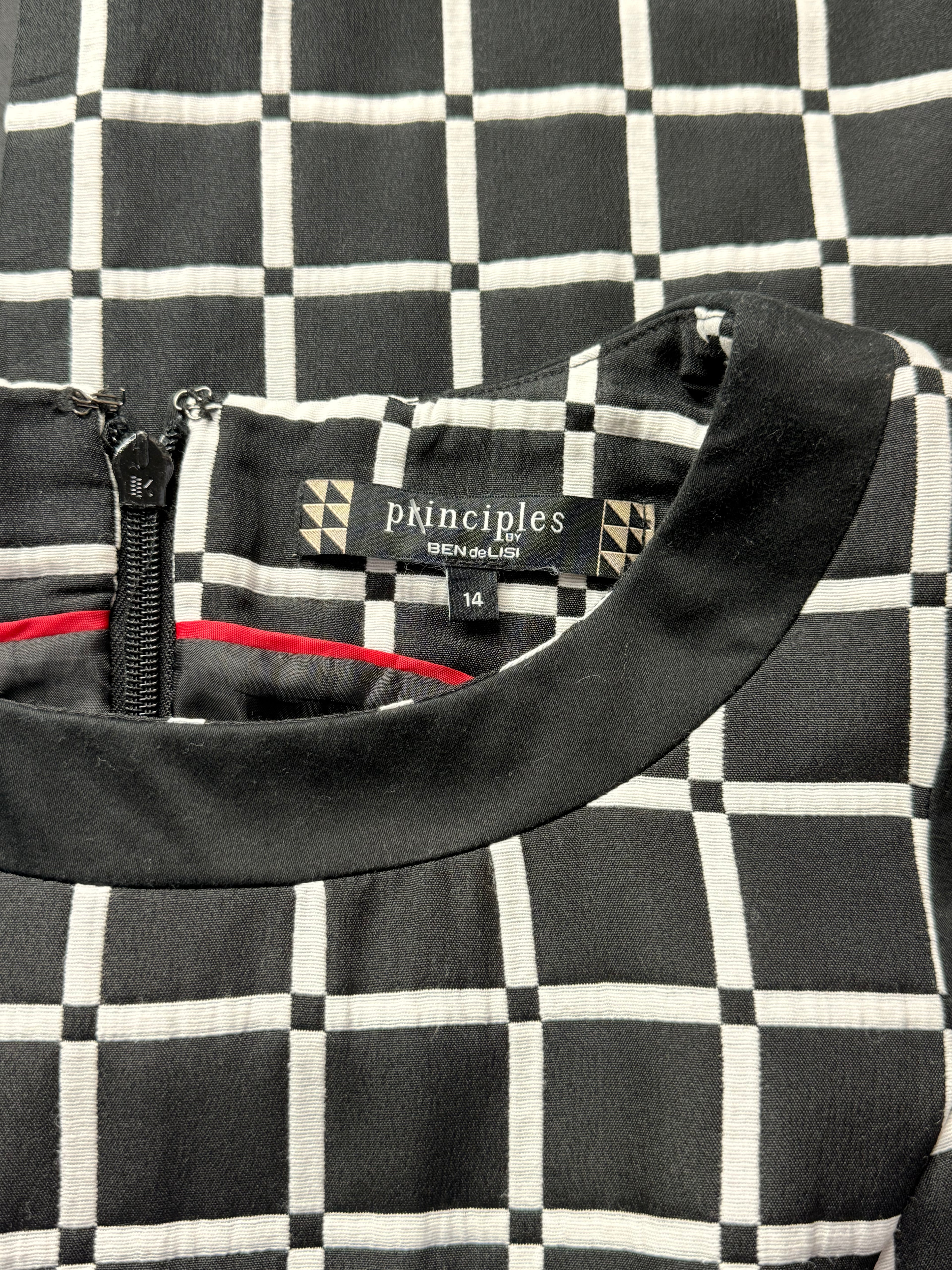 Principles by Ben de Lisi Black & White Grid Check Midi Dress - Size UK 14 Large