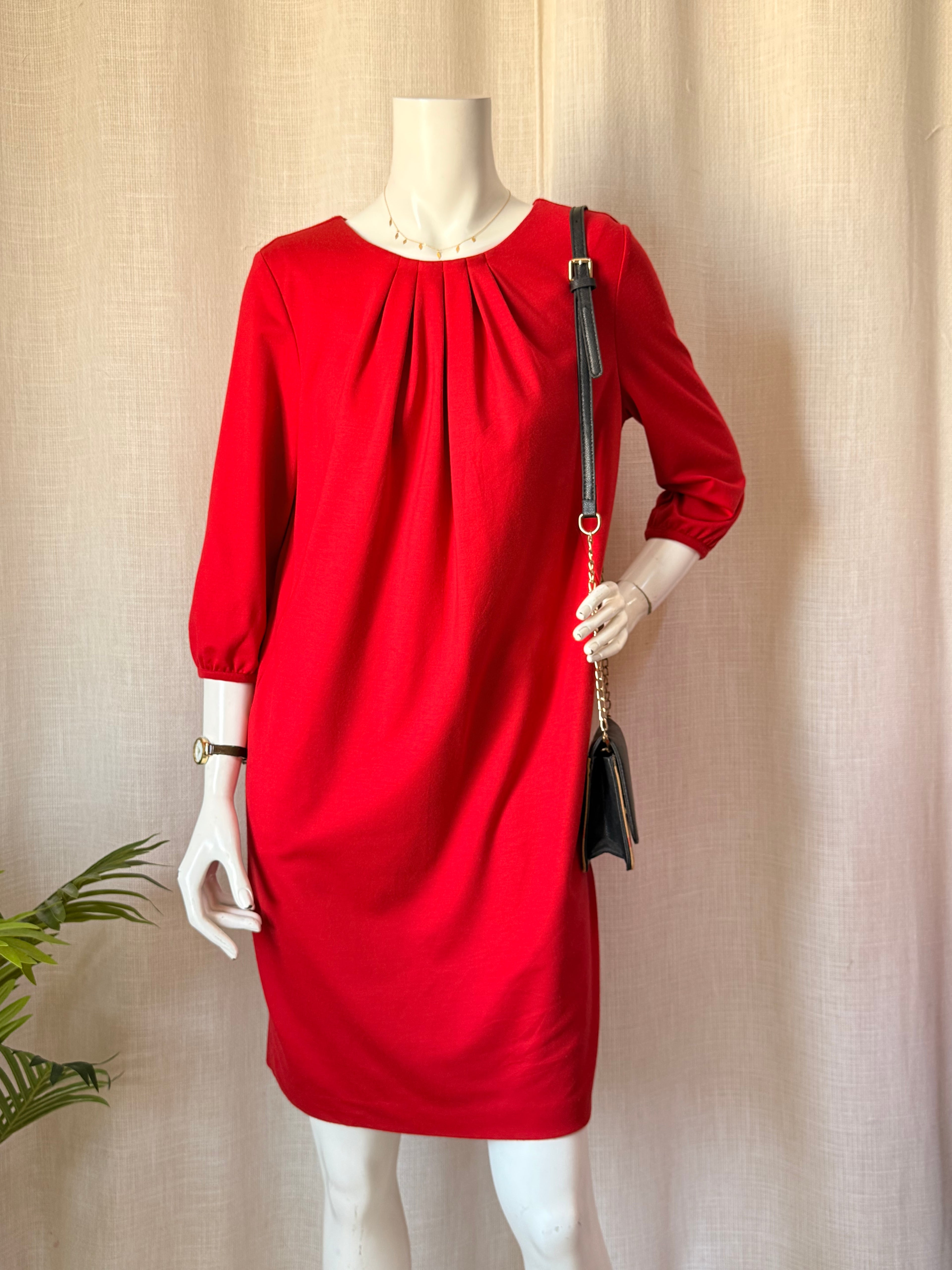 Alex & Co. Pleated Round Neck 3/4 Sleeve Shift Dress in Vibrant Red