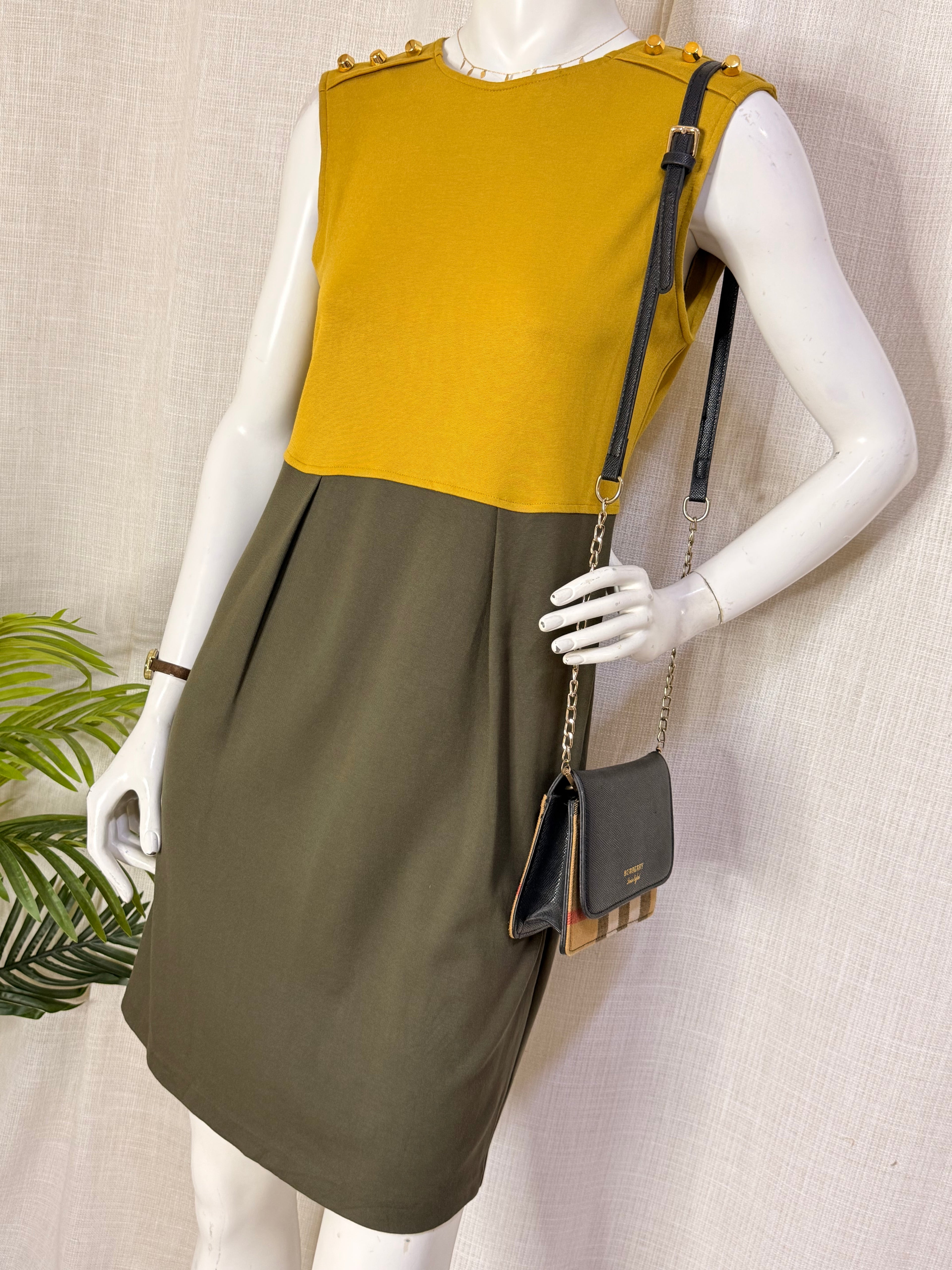 Di-Bye Mustard & Khaki Colorblock Button-Accented Shift Dress – Size M / UK 12 | NWT