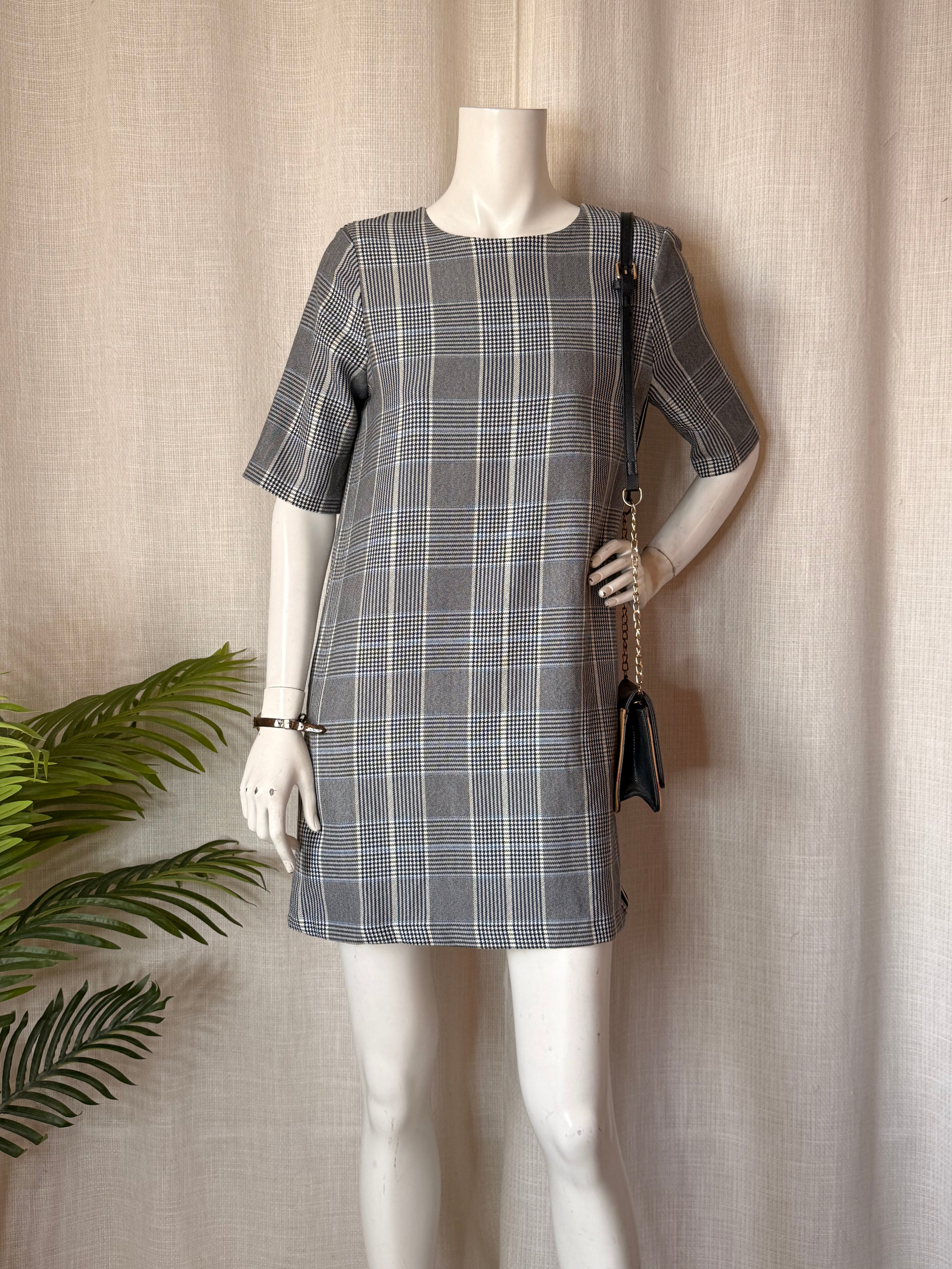 Zara TRF Grey Plaid Checkered Shift Mini Dress