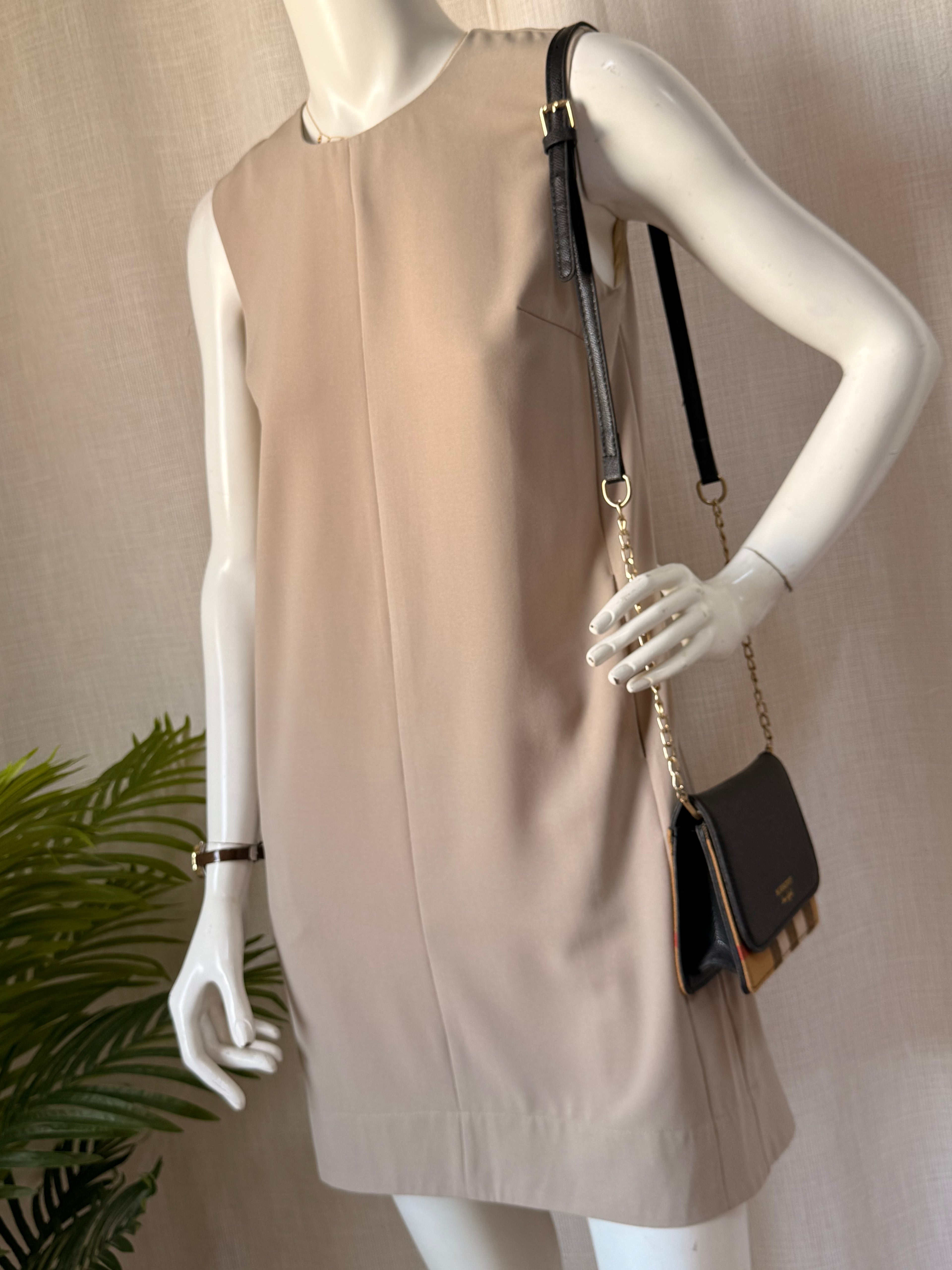 Taupe Sleeveless Shift Dress | Minimalist | Size S