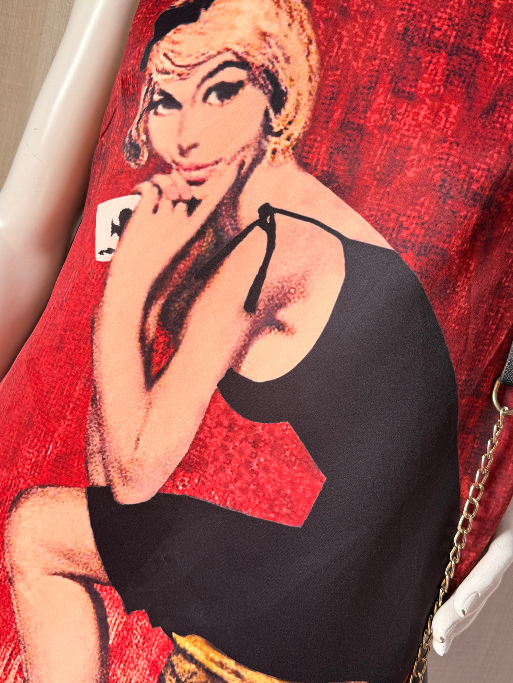Vintage Style Red Graphic Shift Mini Dress – Statement Lady Print | Sleeveless Dress XL