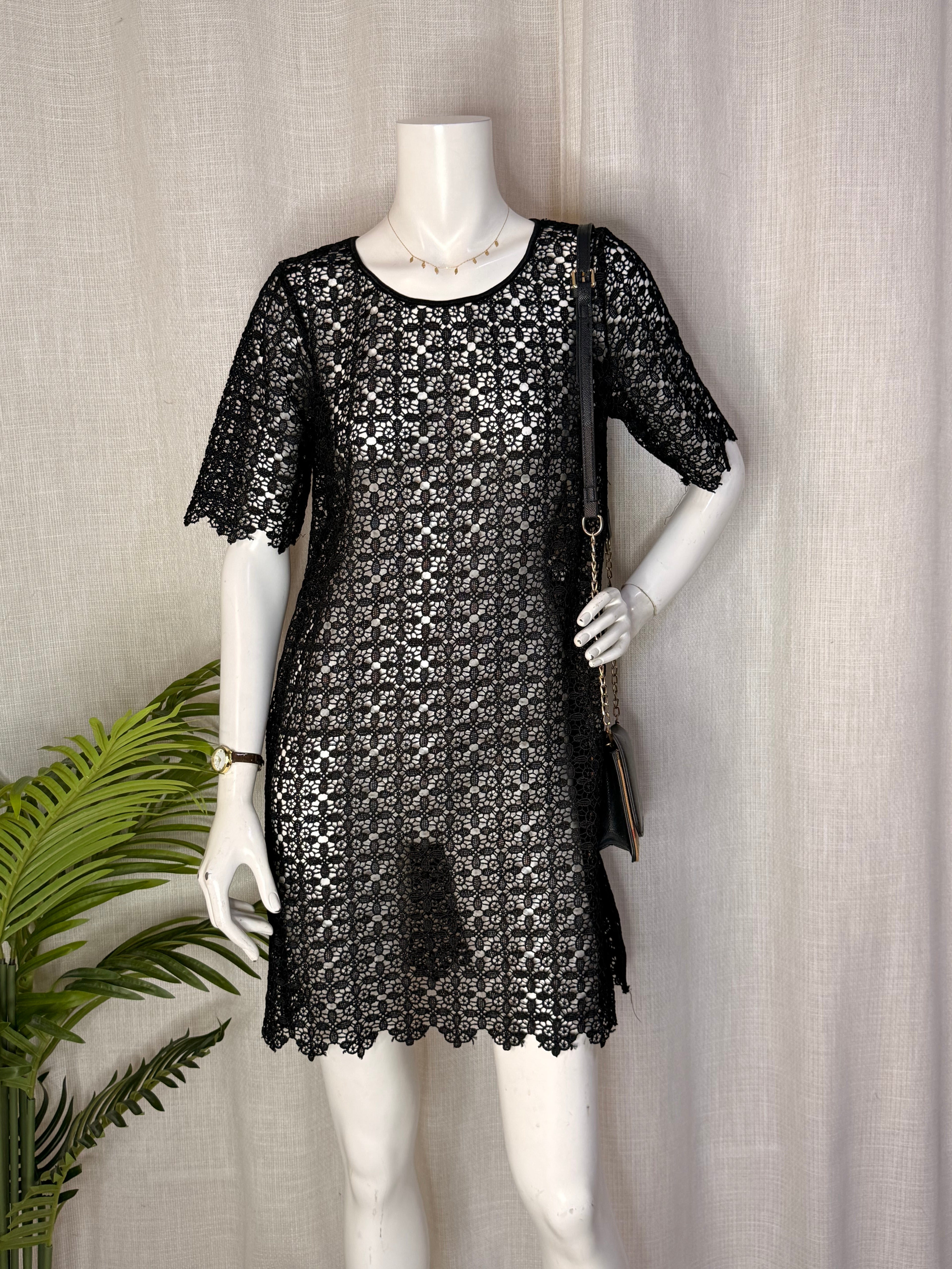 Next Petites Black Crochet Lace Shift Dress | UK 12