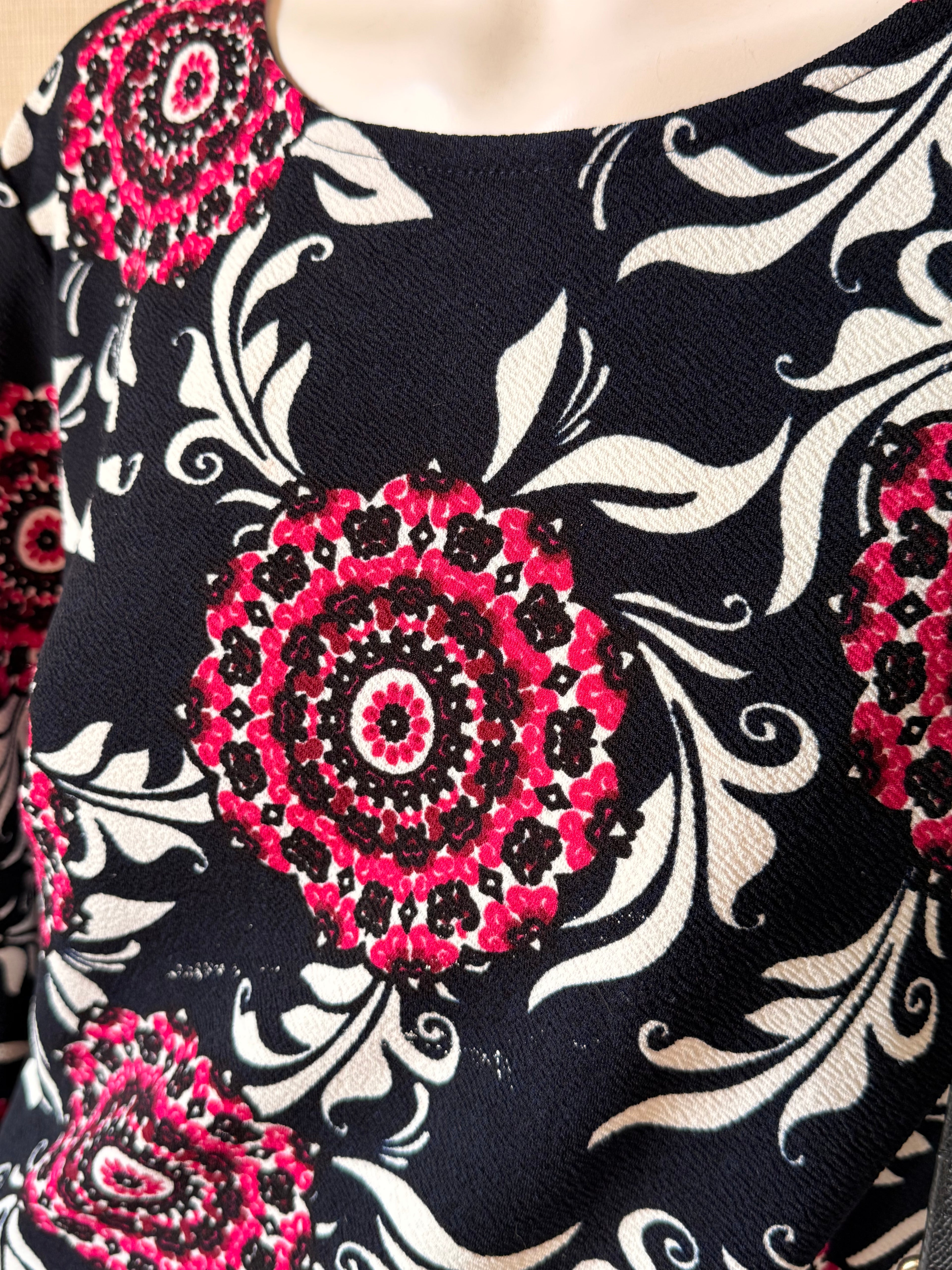 Floral Mandala Print Shift Dress (Size UK 16 / Large) – Pink & Black Knee-Length Dress