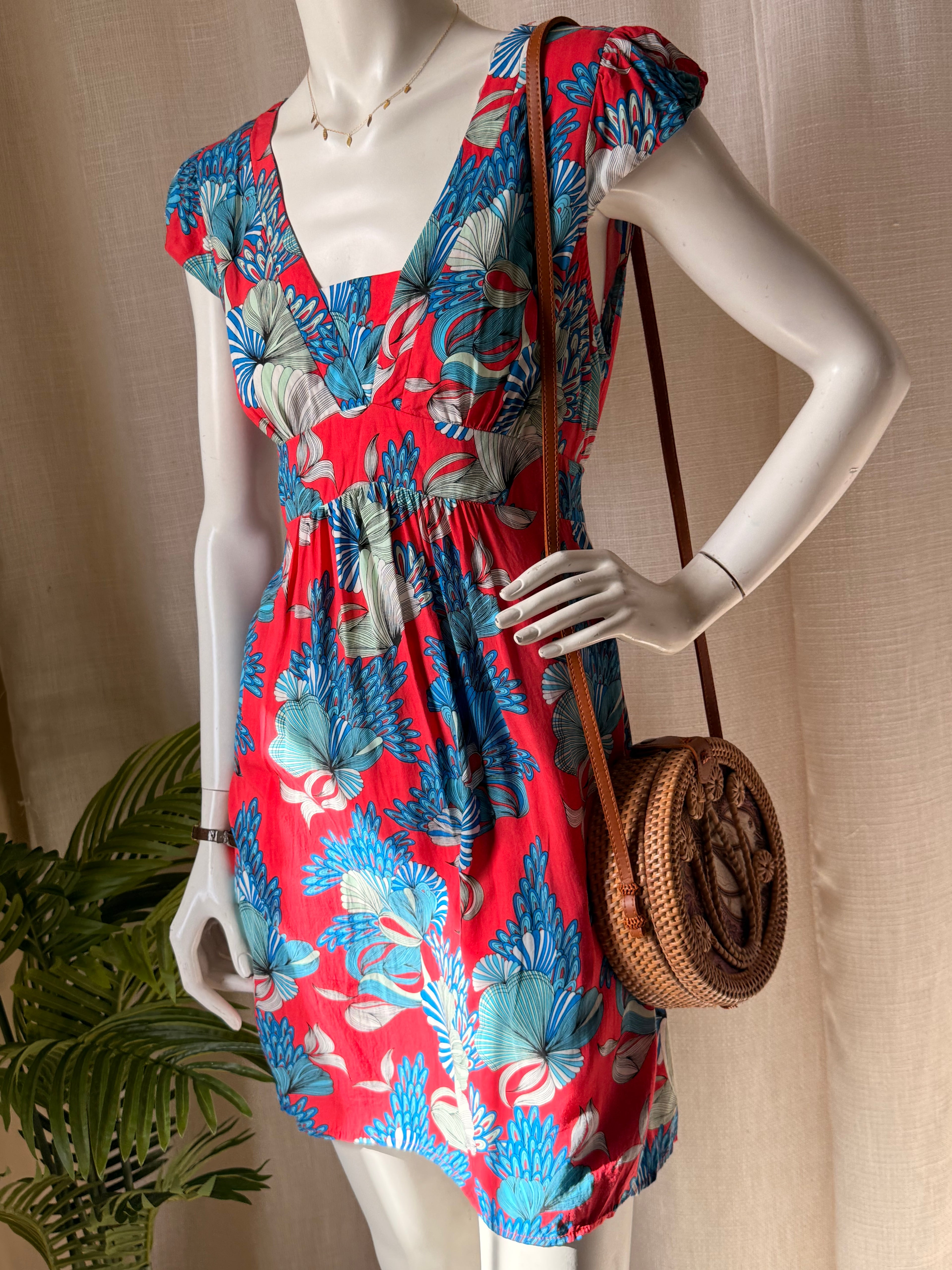 Sunny Girl Australian Boutique Floral Mini Dress - Red & Blue - Size 12 - Empire Waist