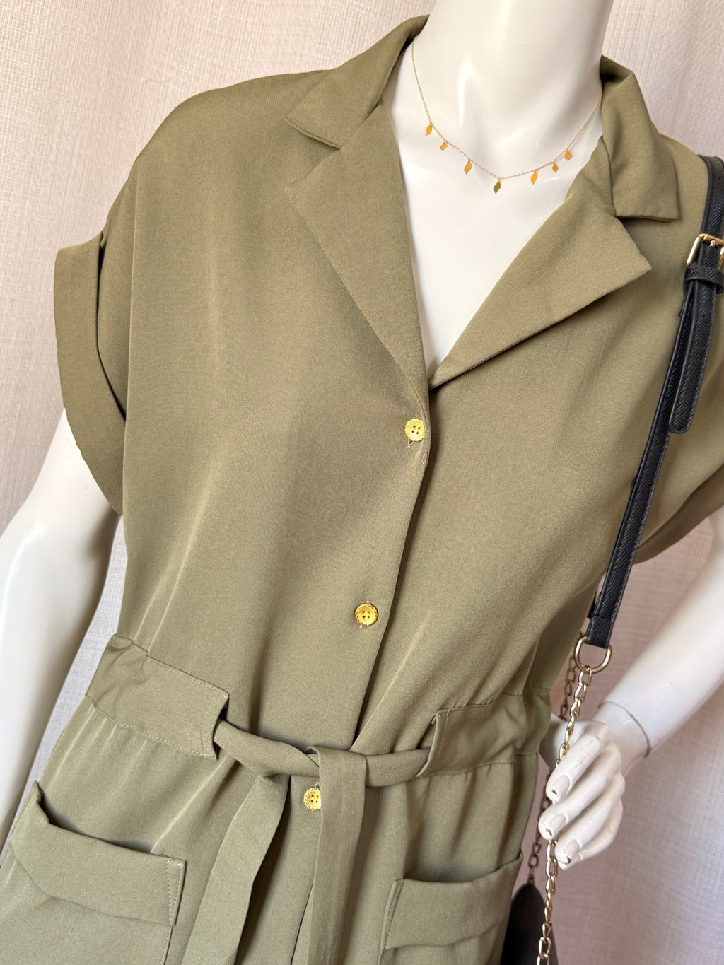 TEMT Collection Olive Green Short Sleeve Button-Down Shirt Dress (Size 8)