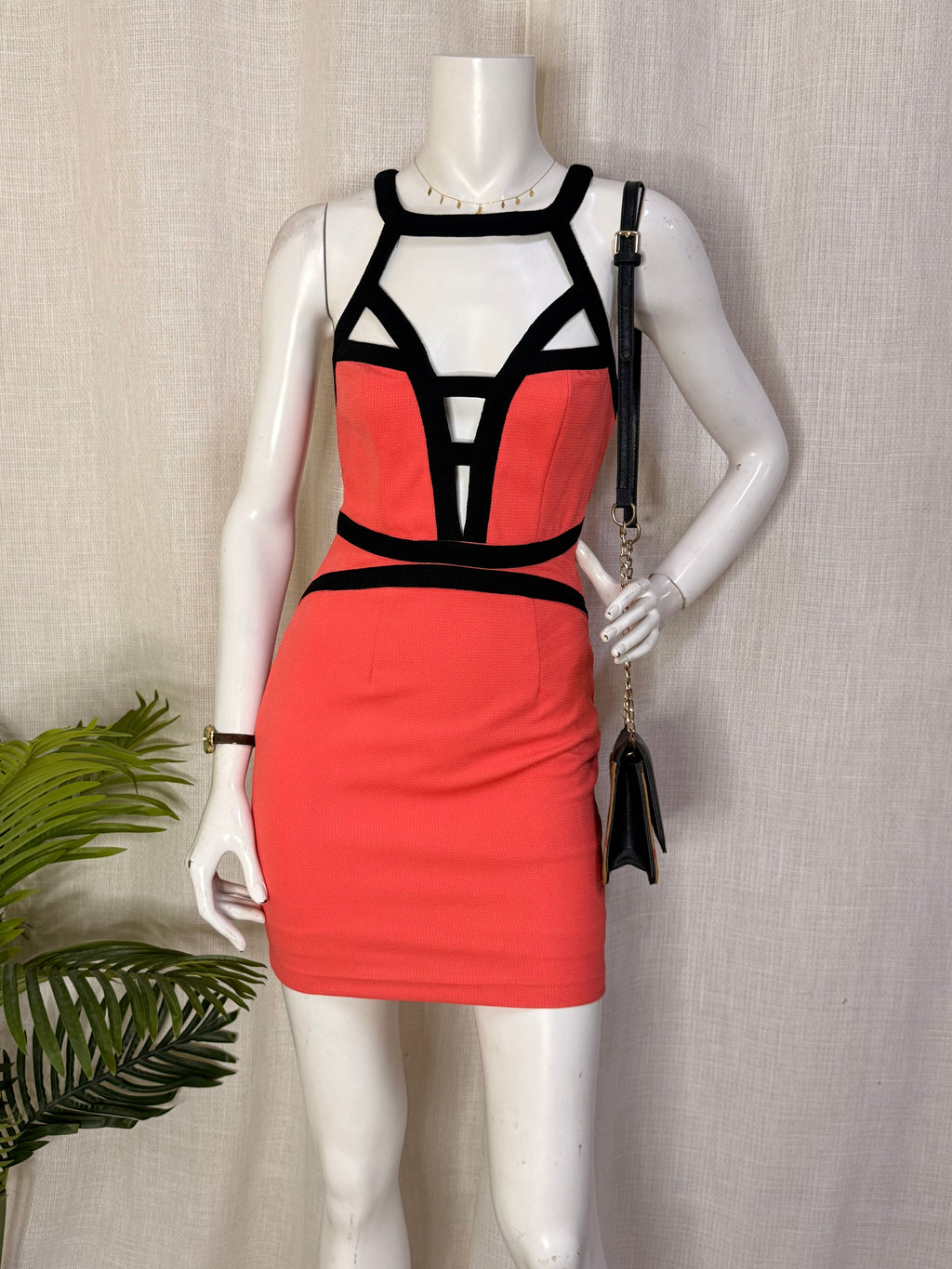Ally Fashion Coral & Black Contrast Paneling Cutout Bodycon Dress – Size XS / UK 6 | NWT