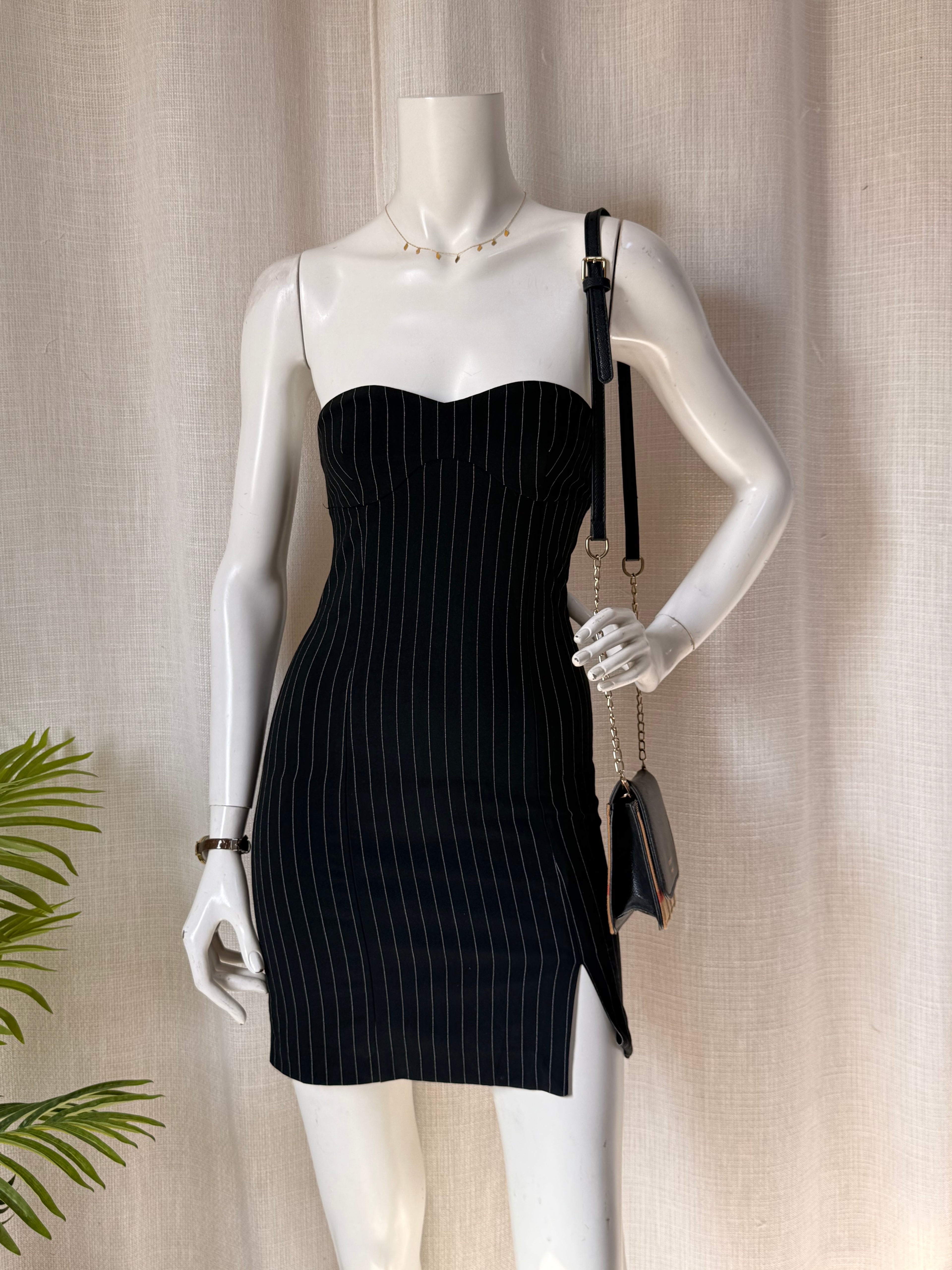 Bershka Black Pinstripe Bandeau Mini Dress | Size XS | UAE | NWT