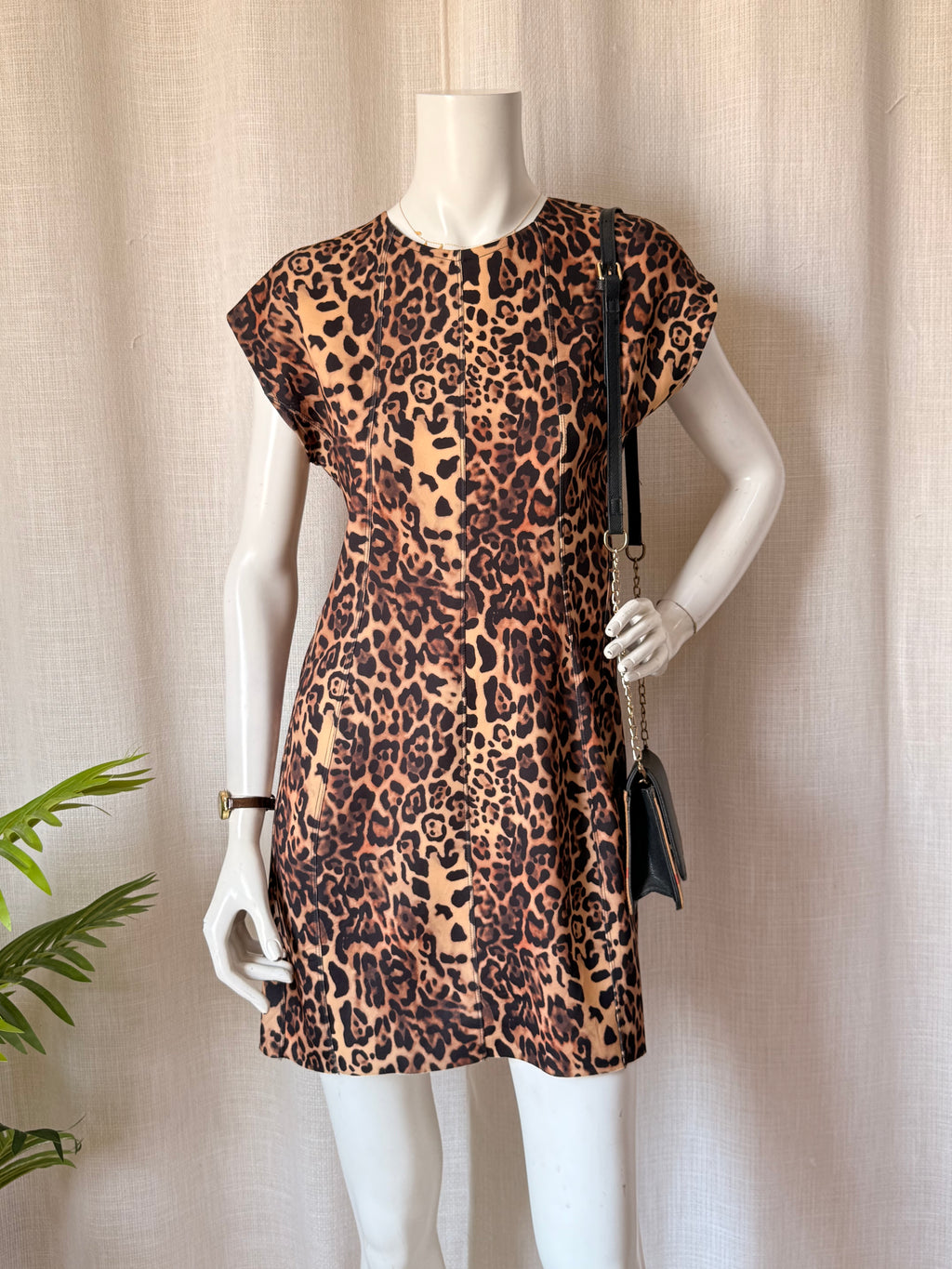 Leopard Print Cap Sleeve Shift Dress | Animal Print Scuba Mini Dress | Bust 38"