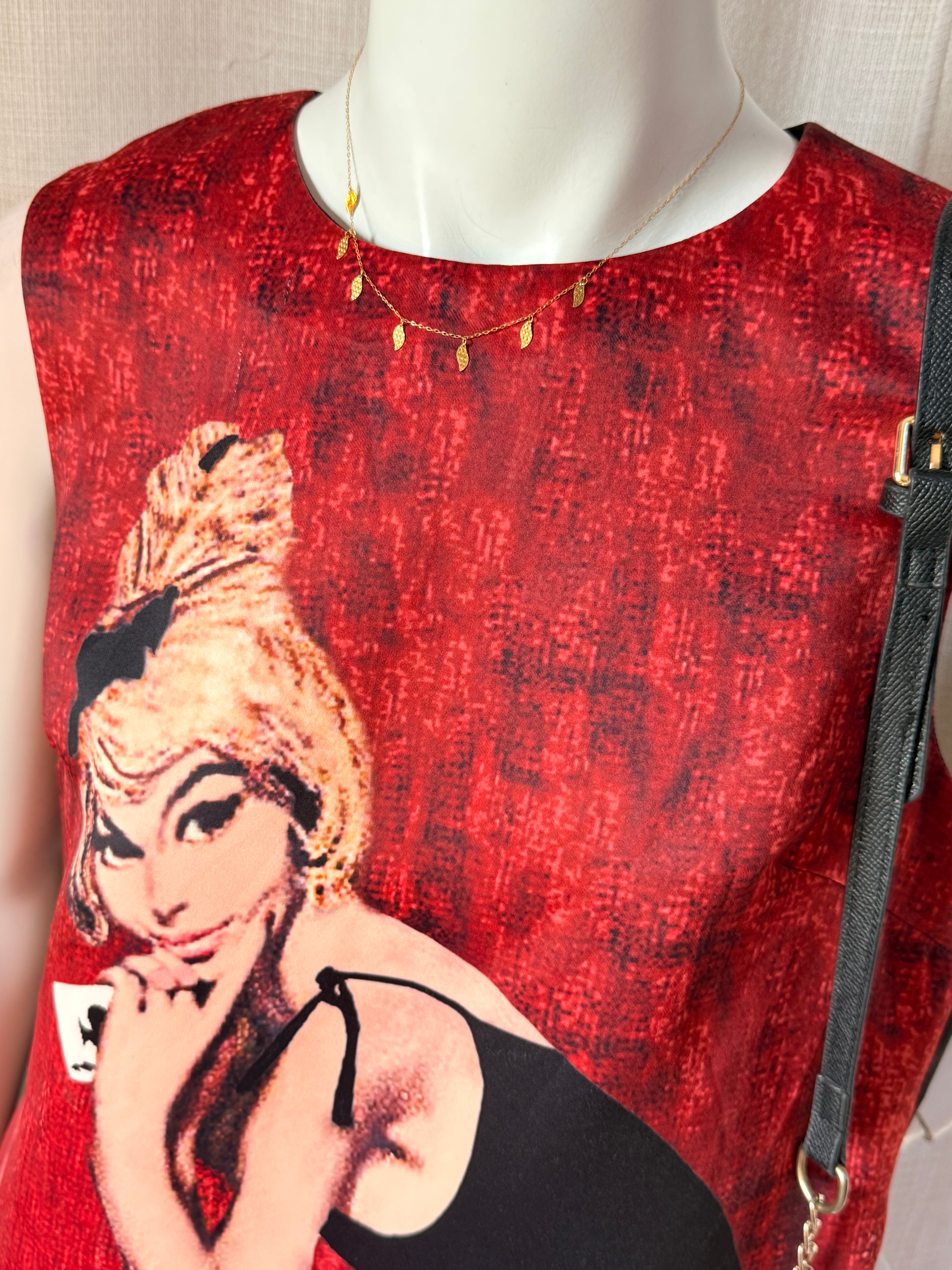 Vintage Style Red Graphic Shift Mini Dress – Statement Lady Print | Sleeveless Dress XL