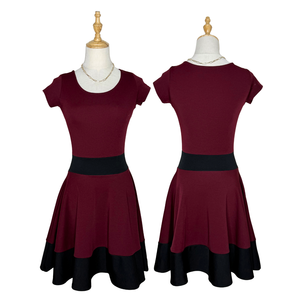 Boohoo Maroon & Black A-Line Dress (UK 8 / Small)