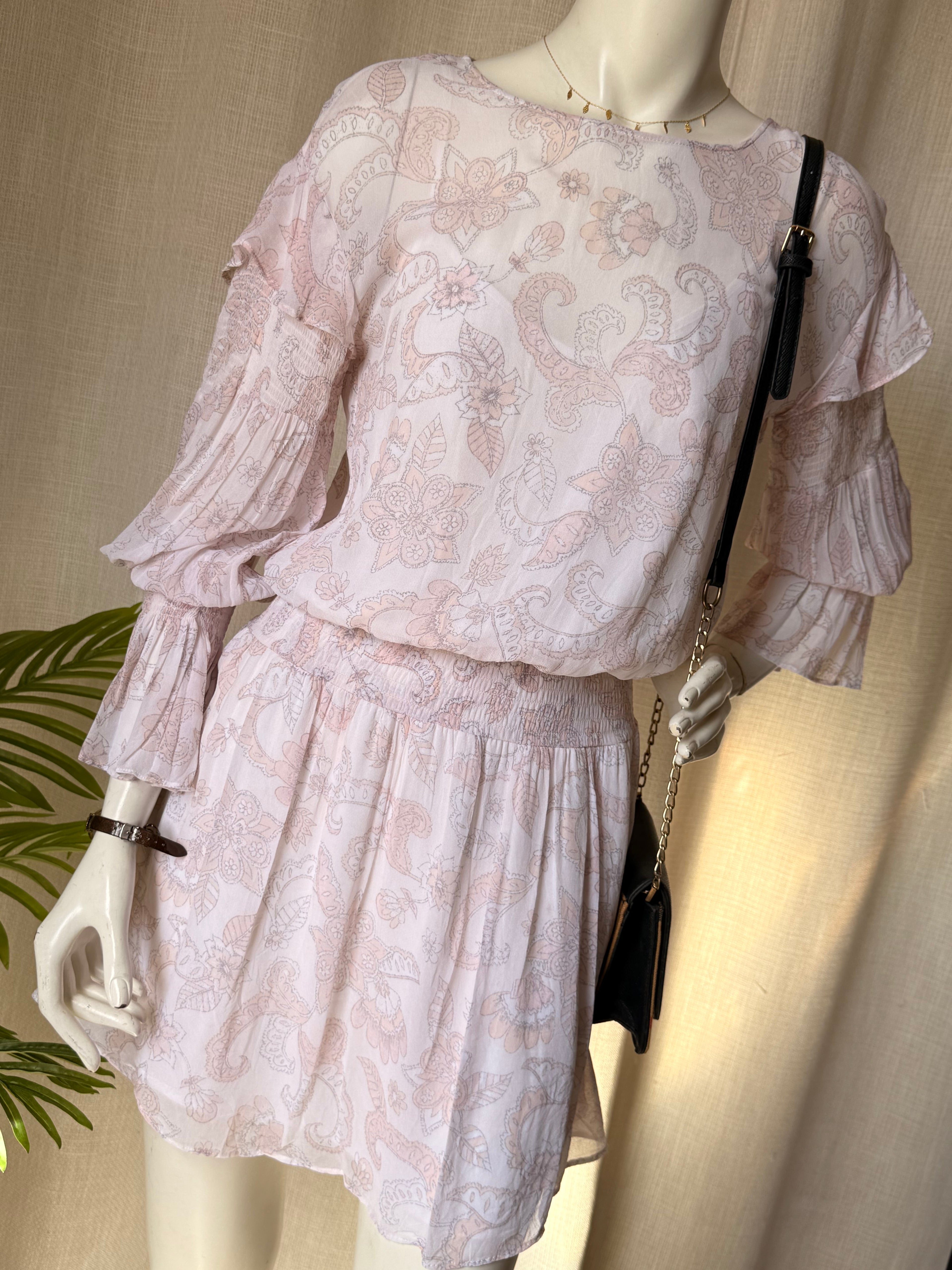 Seed Heritage Paisley Smocked Mini Dress | Pink Boho Ruffle Sleeve - Size 10