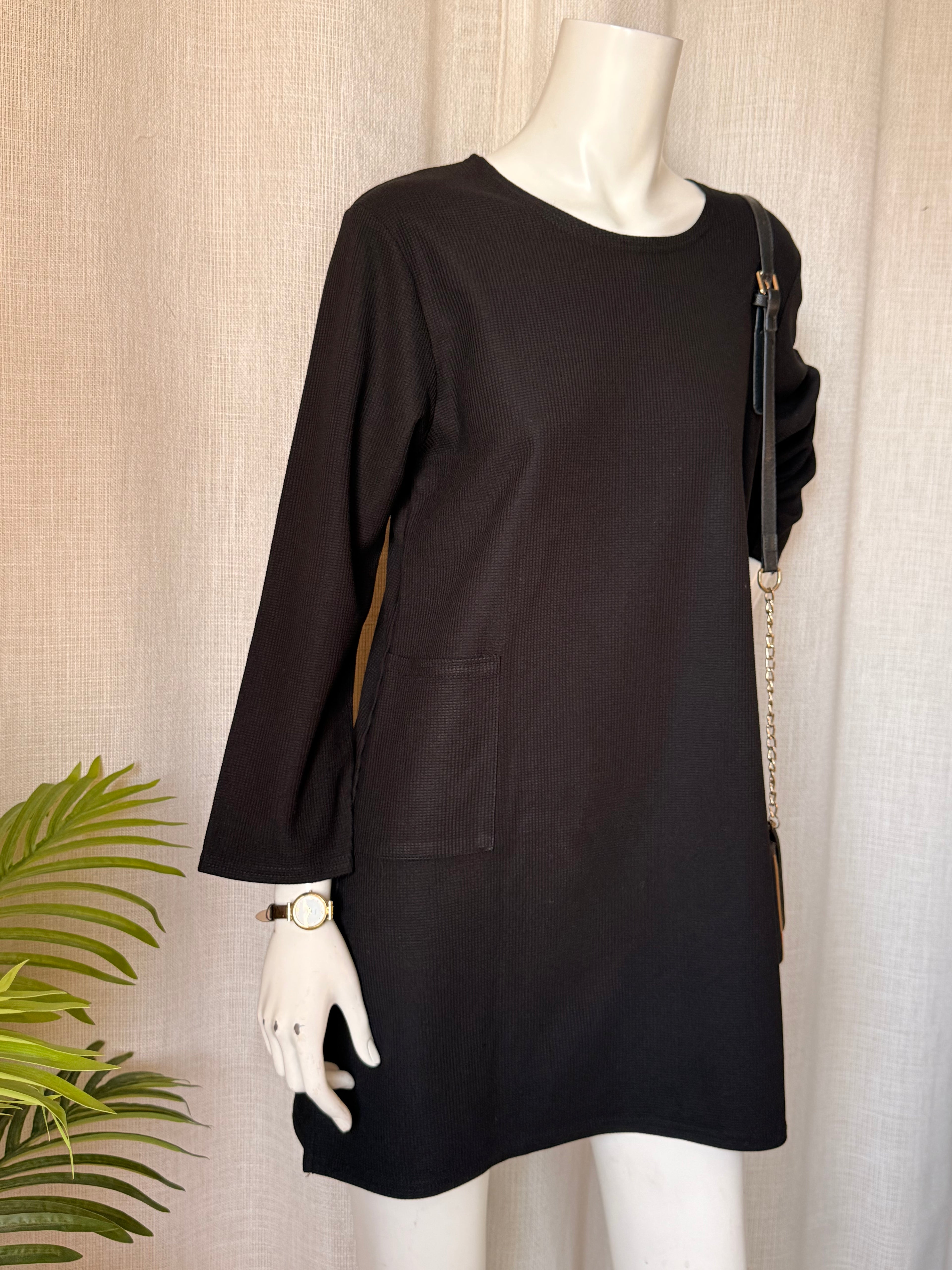 Modestly One Black Textured Knit Shift Dress with Pocket – Size L/XL