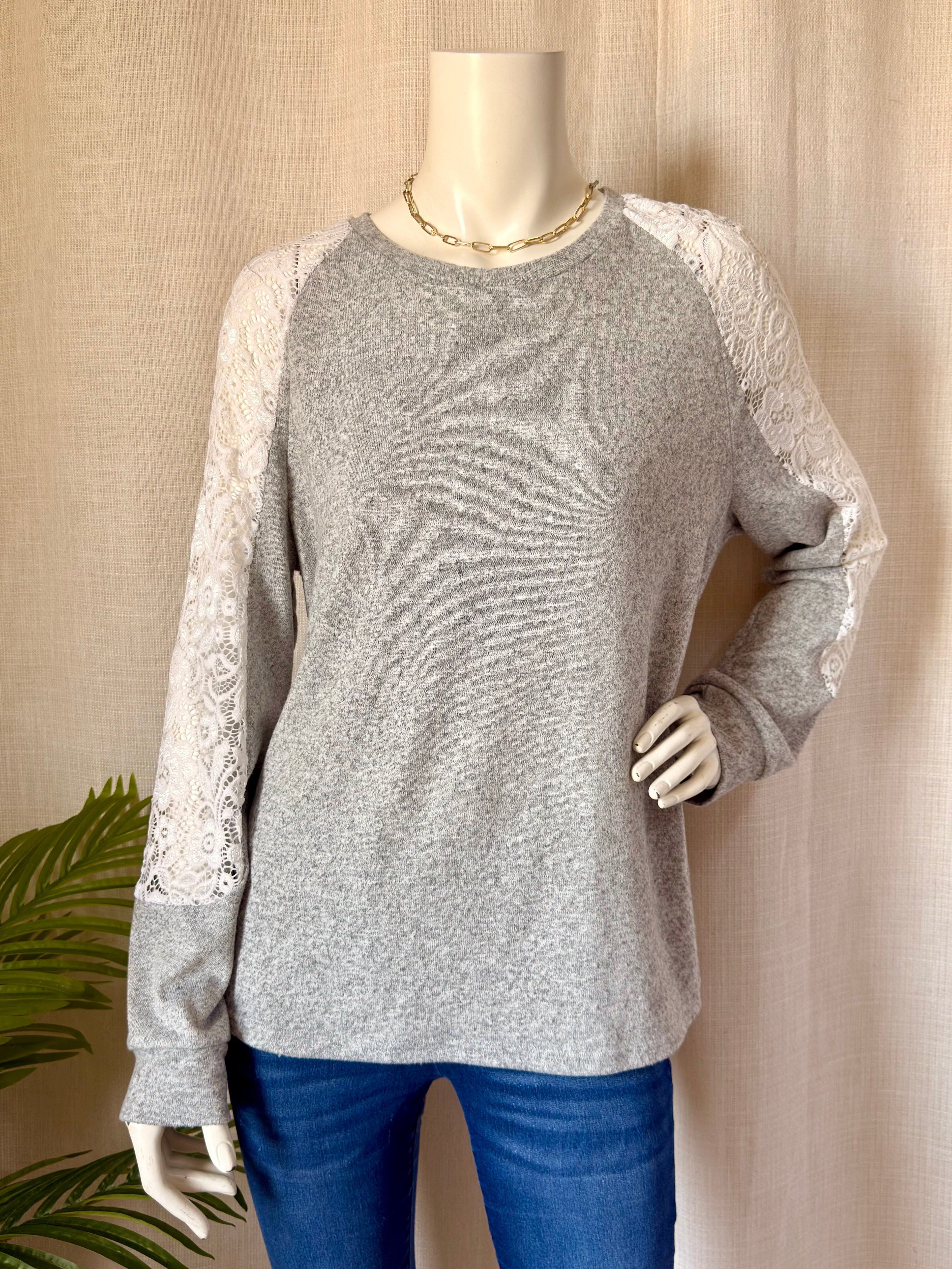 SHEIN سويت شيرت رمادي بأكمام دانتيل | XL